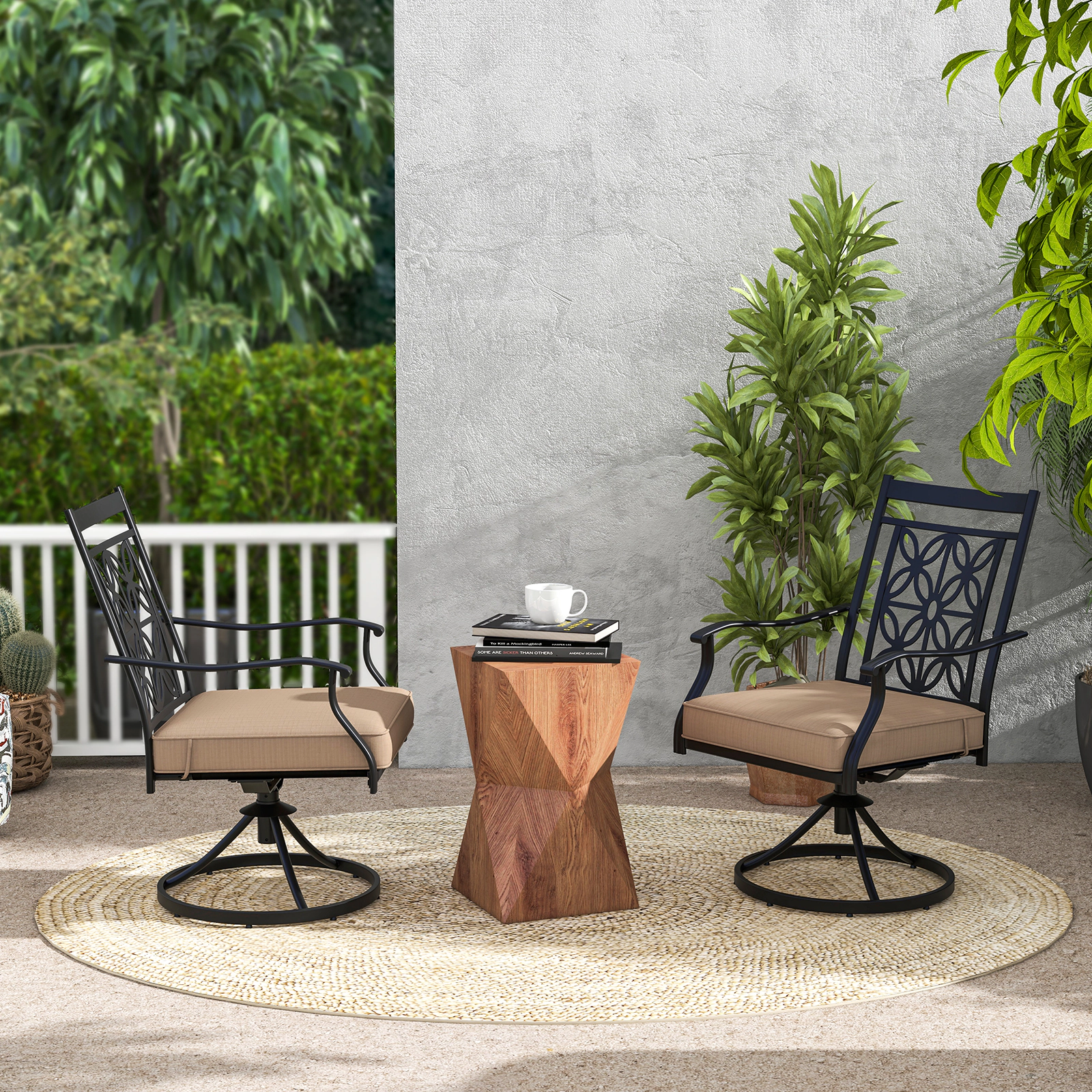 LJG 2 Pieces Patio Swivel Chairs with Blossom Pattern Backrest and Cushions