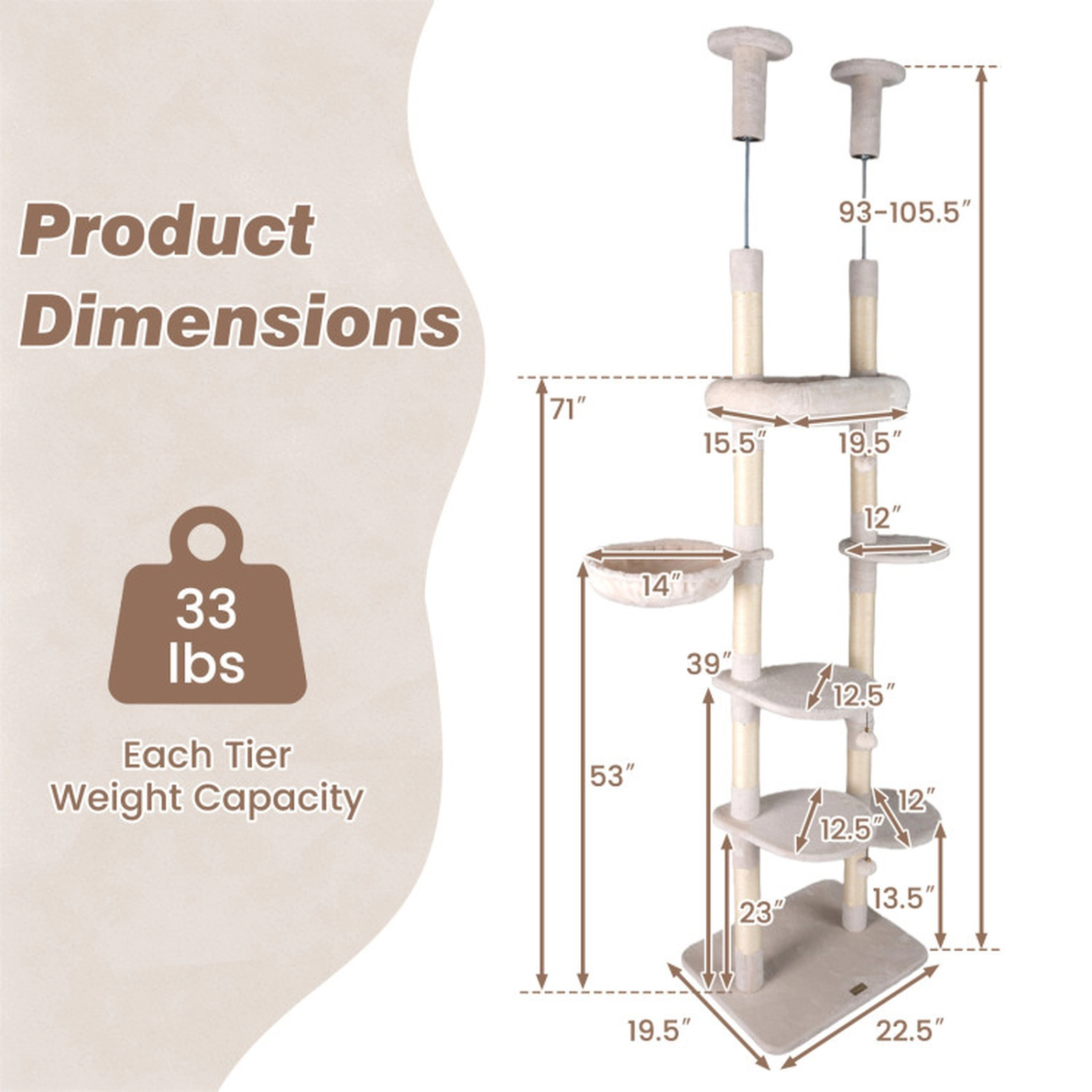 SUGIFT 6-Tier Floor to Ceiling Cat Tree Adjustable 93-in to 105.5-in with Rotating Plush Bed and Sisal Posts