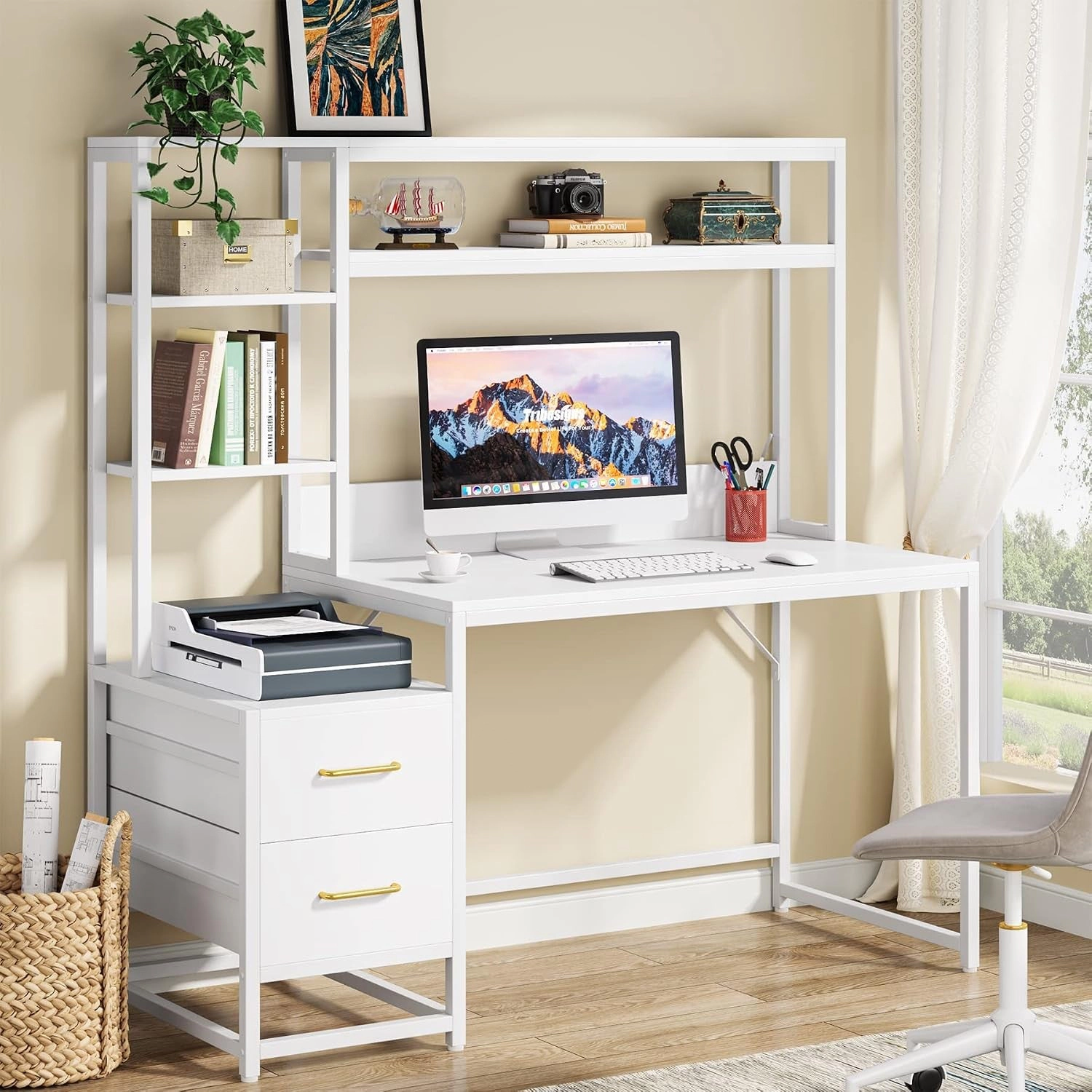 Tribesigns Industrial Wood Computer Desk with Storage Shelves