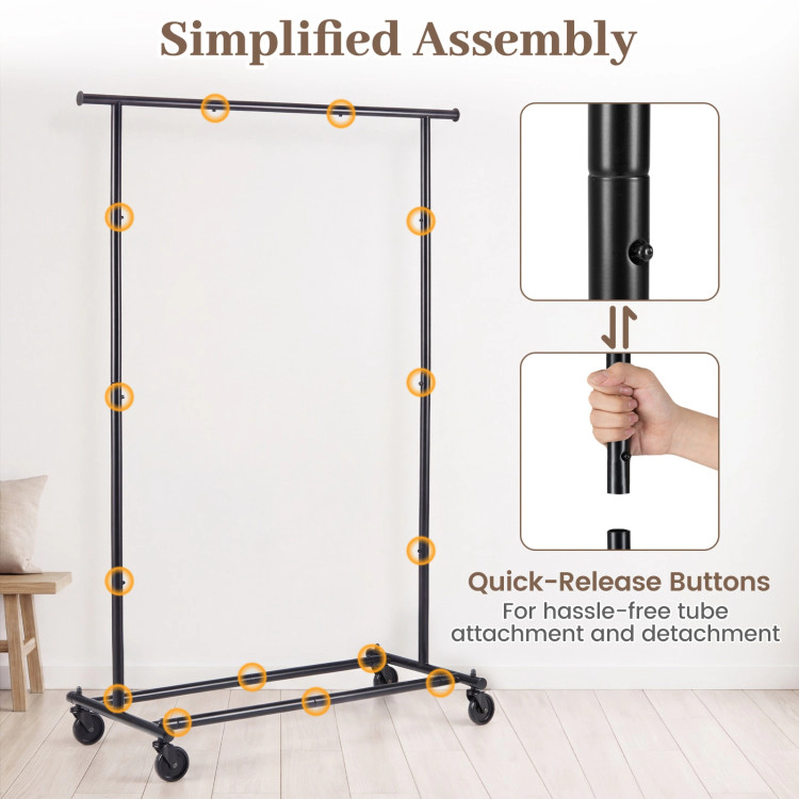 SUGIFT 90-lb Rod Capacity 61-in Black Metal Mobile Garment Rack with Extendable Rods and 4 Swivel Casters