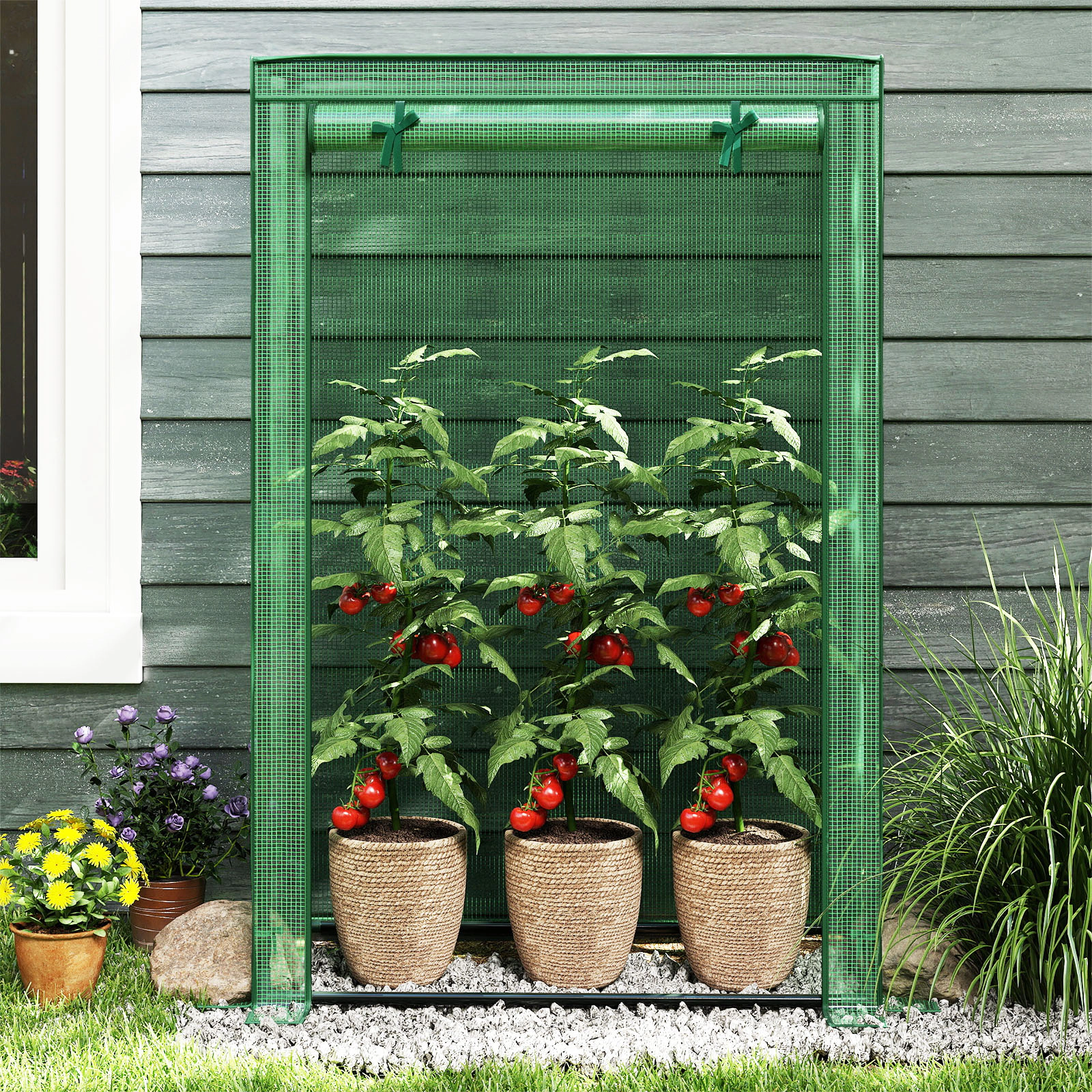 SUGIFT Portable Mini Greenhouse with PE Grid Cover and Roll-Up Zippered Door 59-in Tall Green/White