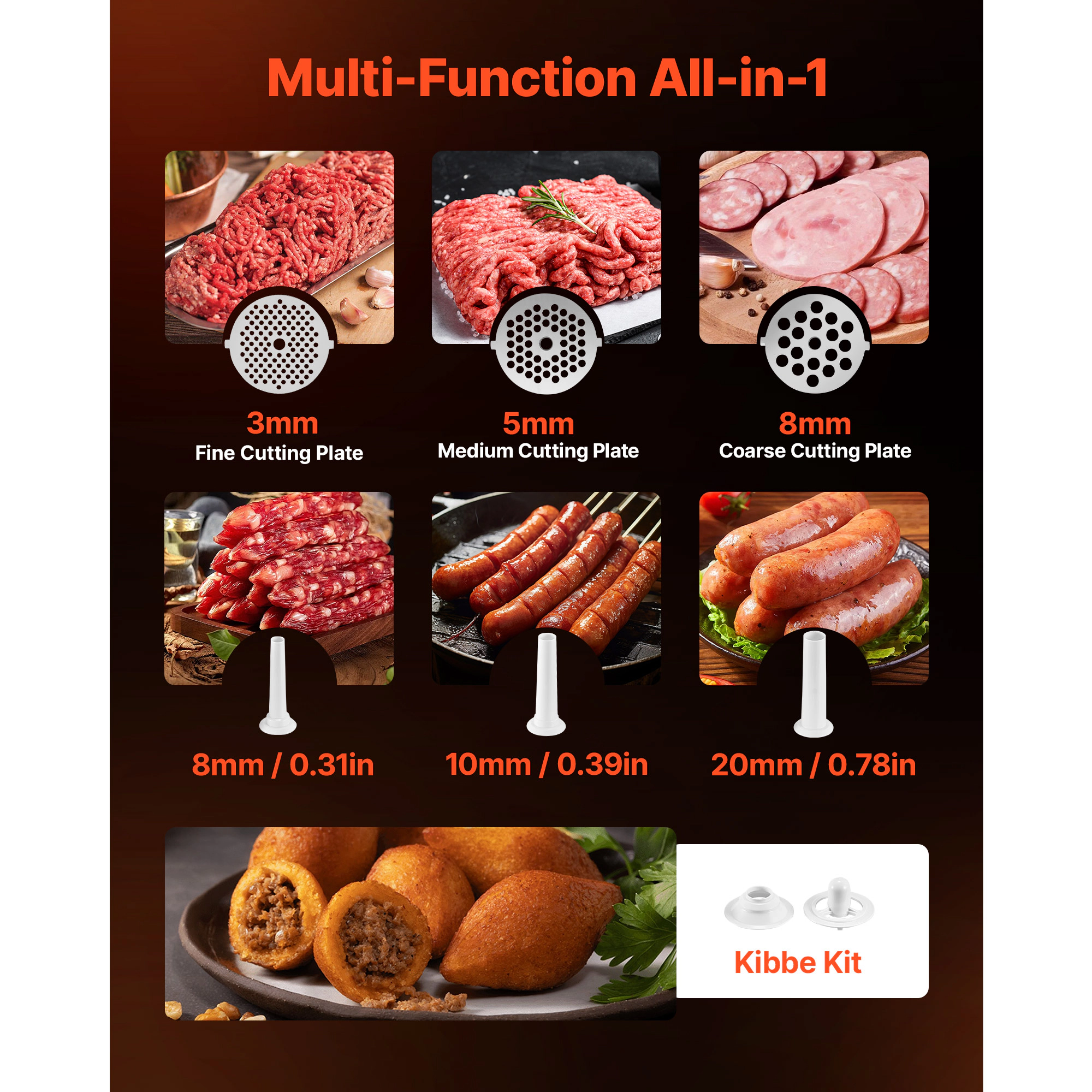 HONGGE Meat Grinder, Electric Meat Mincer with Plates, 3 Sausage Stuffing Tubes, Sausage Maker for Home Kitchens