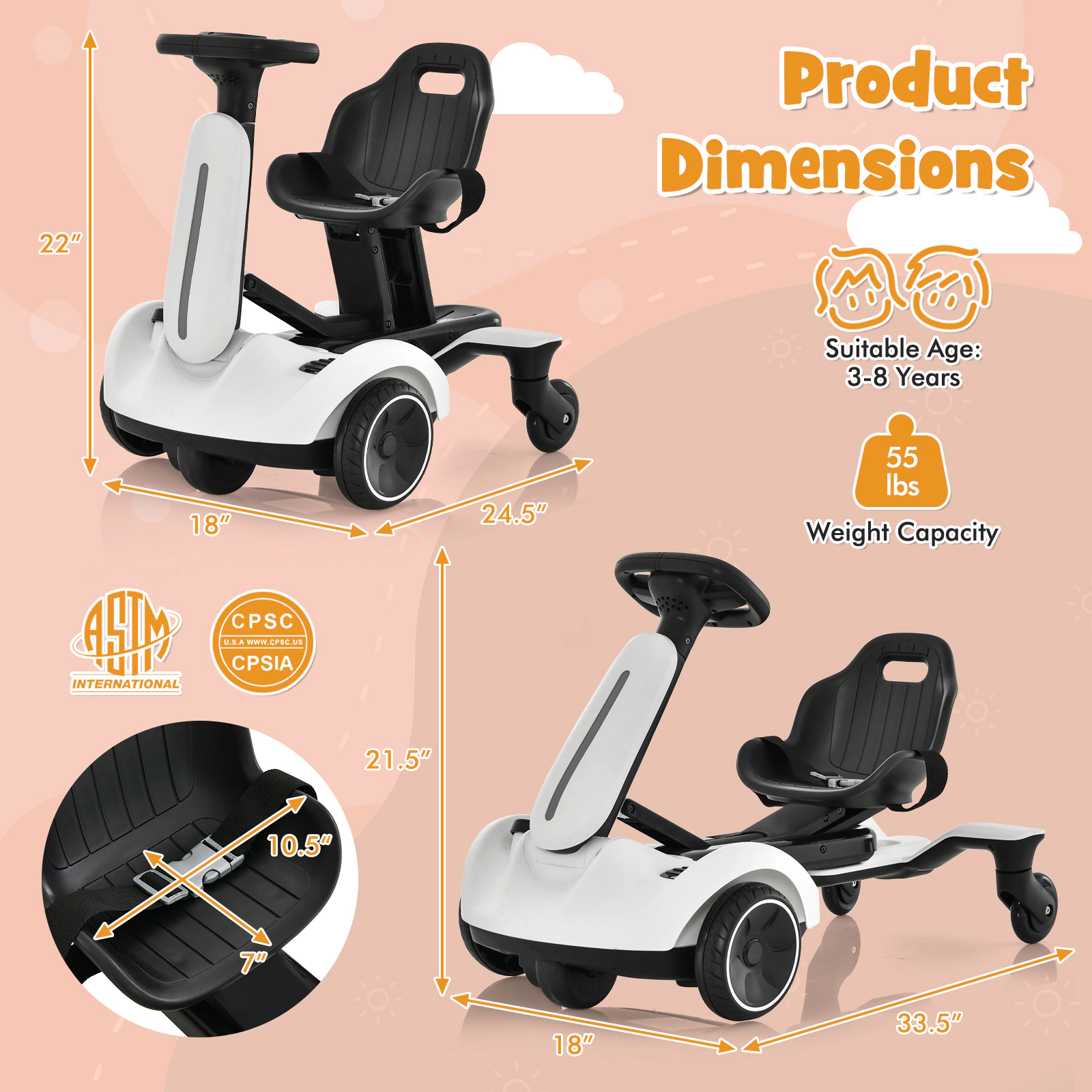SUGIFT Kids White 6V Ride On Drift Car with 360-Degree Spin and 2 Heights 33.5-in W 21.5-in H 55-lb Seat Capacity