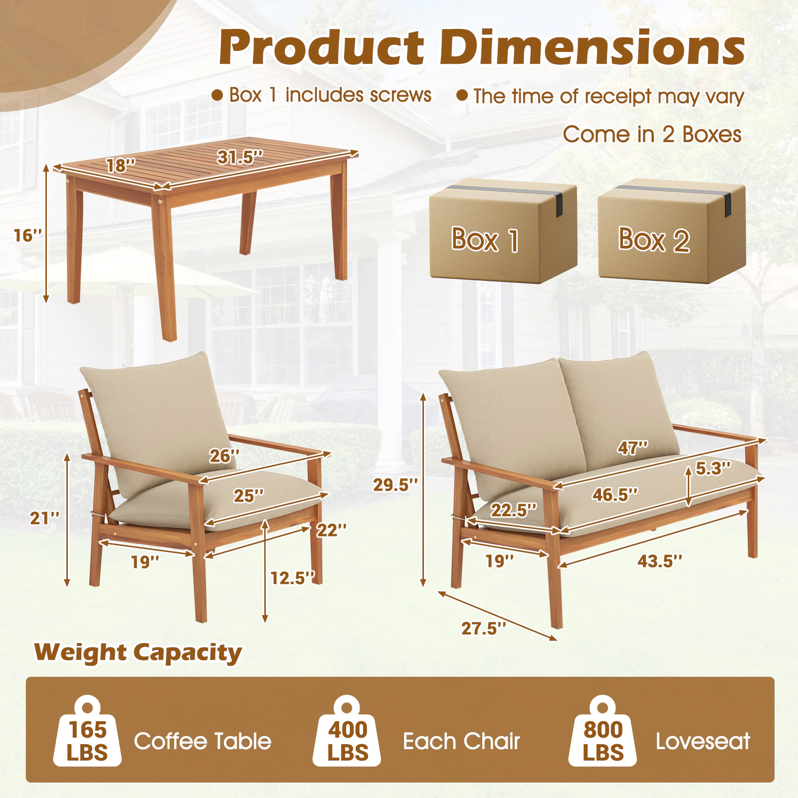 SUGIFT 5.3 in Thick Cushions 4-Piece Off White Acacia Wood Patio Conversation Set