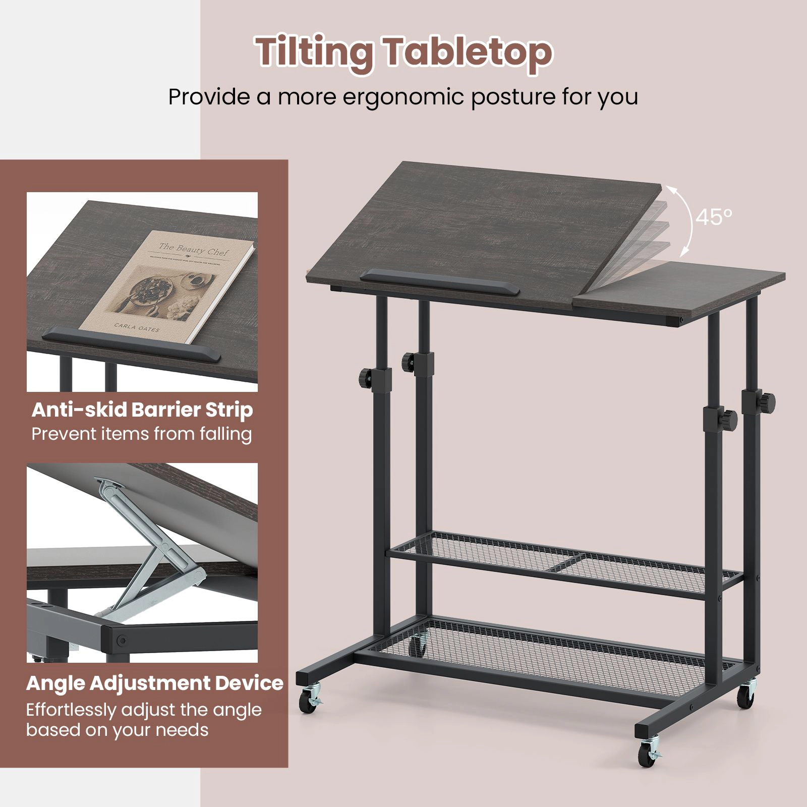 SlickBlue Adjustable Computer Desk Cart with Wheels and Tilt Work Surface