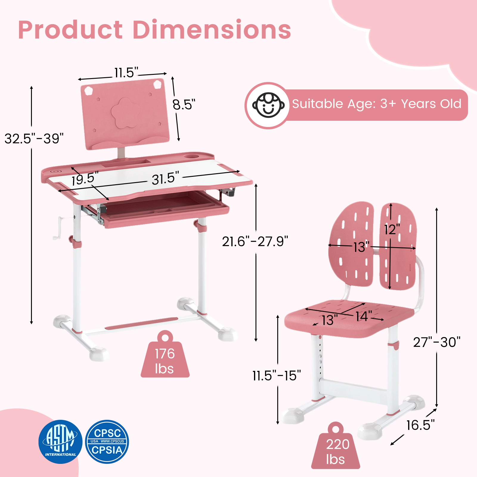SUGIFT Adjustable Kids Study Desk & Chair Set Tilt Desktop & Book Stand 176-lb Desktop 220-lb Chair Capacity Ages 3+