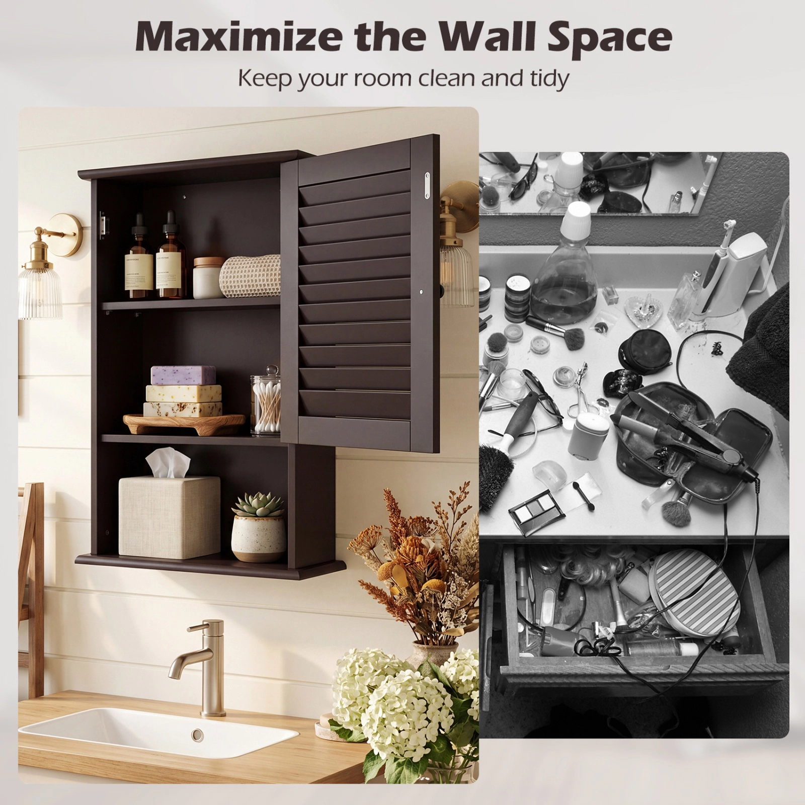 SUGIFT Bathroom Wall Mount Storage Cabinet Single Door with Height Adjustable Shelf 46-lb Capacity Rustic Brown