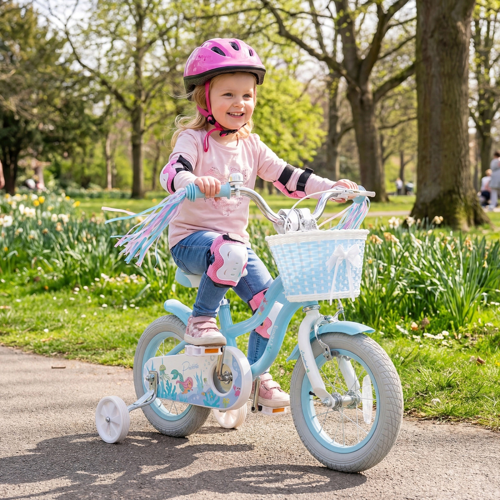 12-in Girls Bike with Removable Basket Streamers and Training Wheels for Ages 3-4 Mermaid Graphics Kids Bicycle