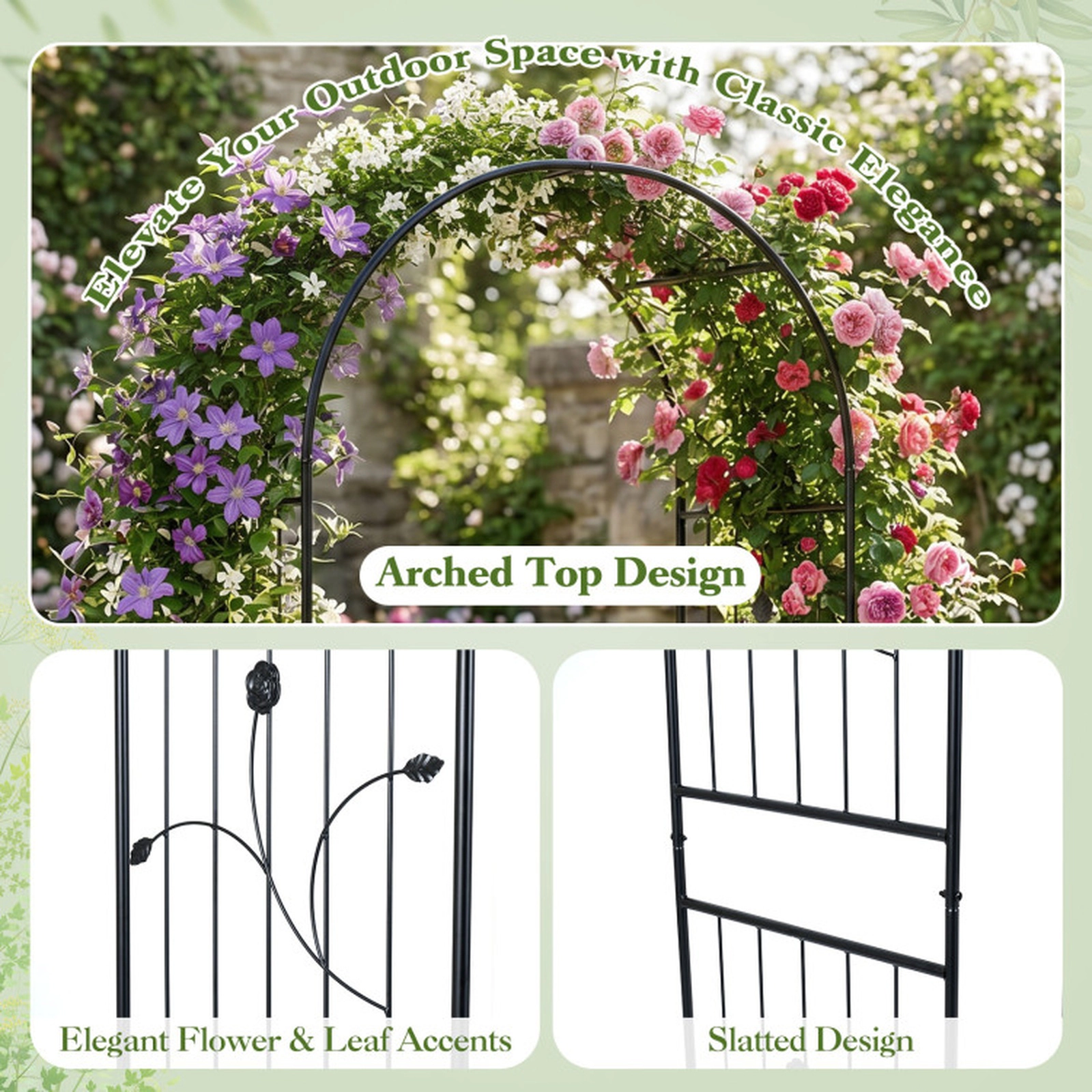 SUGIFT 87-in Black Powder-Coated Metal Garden Arch Arbor Trellis with Reinforced Crossbars and Slats