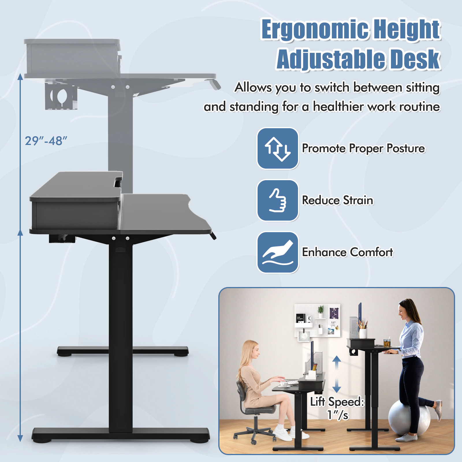 SUGIFT 48-in Black Electric Sit to Stand Desk with Full Width Shelf 2 Fabric Drawers and 3 Memory Heights