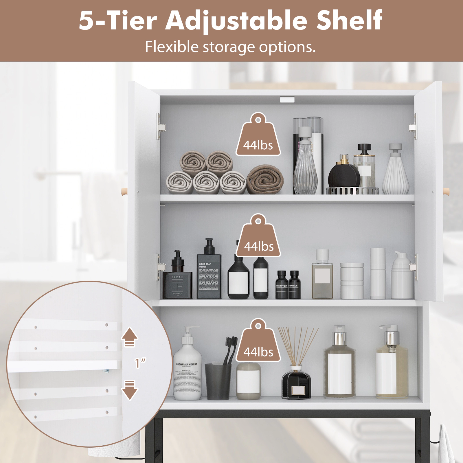 SUGIFT White 62.5-in 132-lb Capacity Over the Toilet Bathroom Storage Cabinet with 2 Doors and Shelf