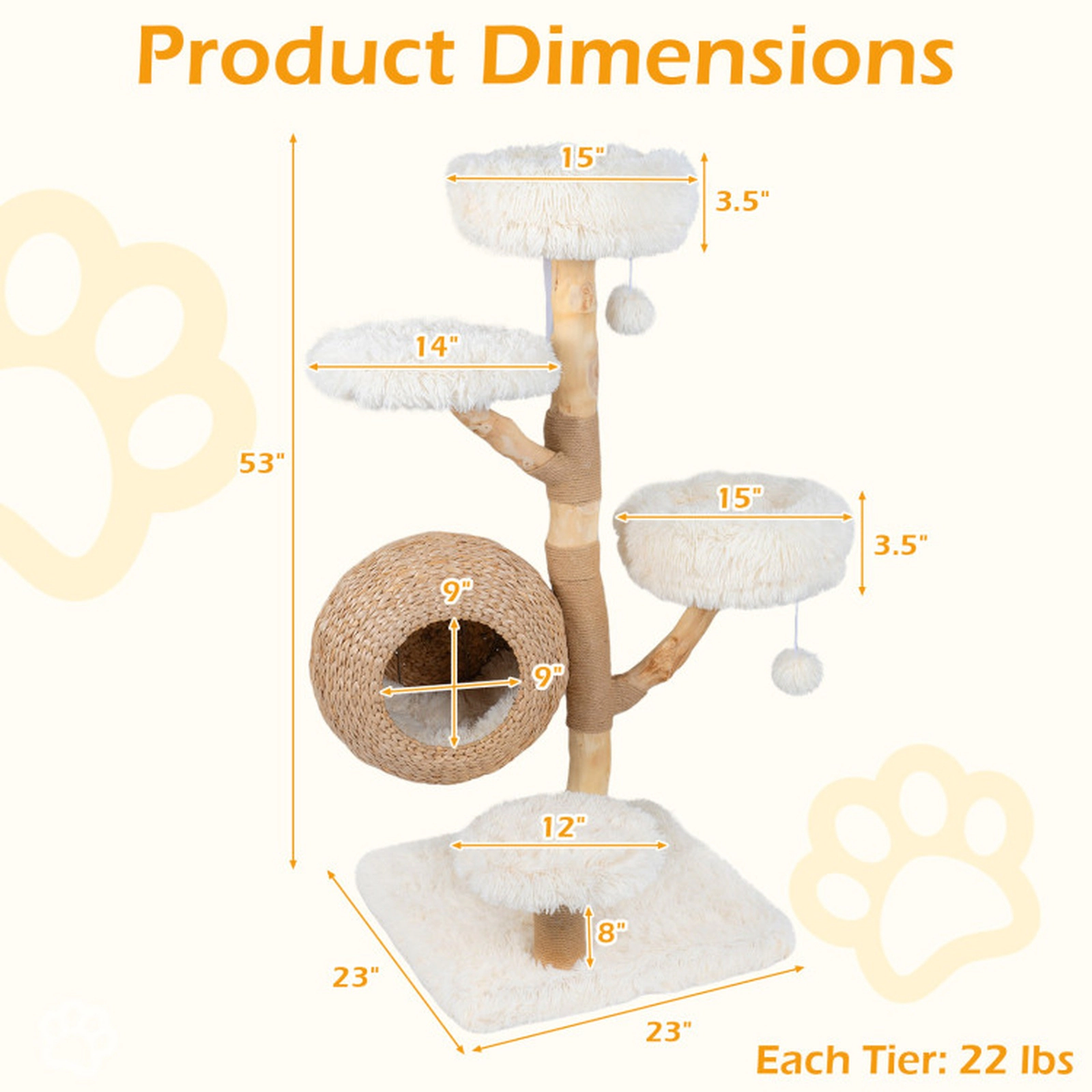 SUGIFT 52.76-in White 5-Tier Wooden Cat Tree with Hand-Woven Cattail Condo Pear Wood Posts and Perches