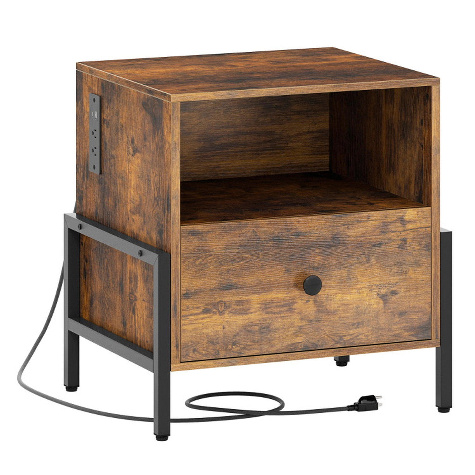 SUGIFT 21-In Rustic Brown Nightstand with Side-Mounted Power Strip, Drawer and Shelf