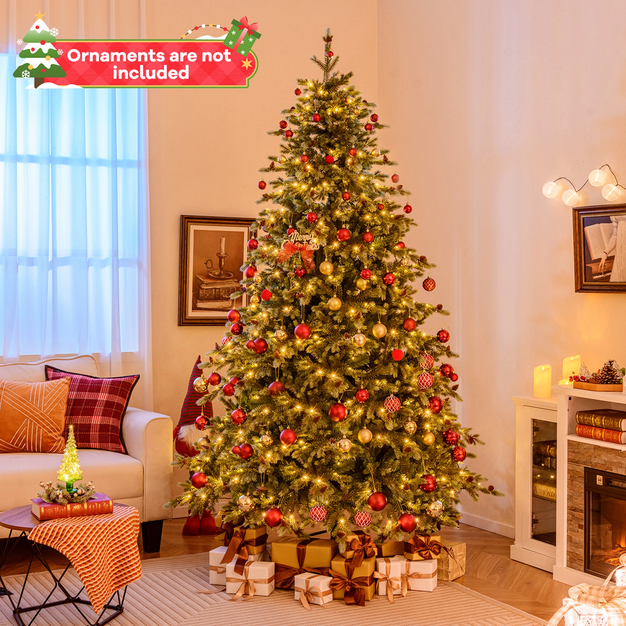 Costway 6/7/8 FT Artificial Christmas Tree with 590/846/1226 Branch Tips 240/340/410 Warm LED Lights