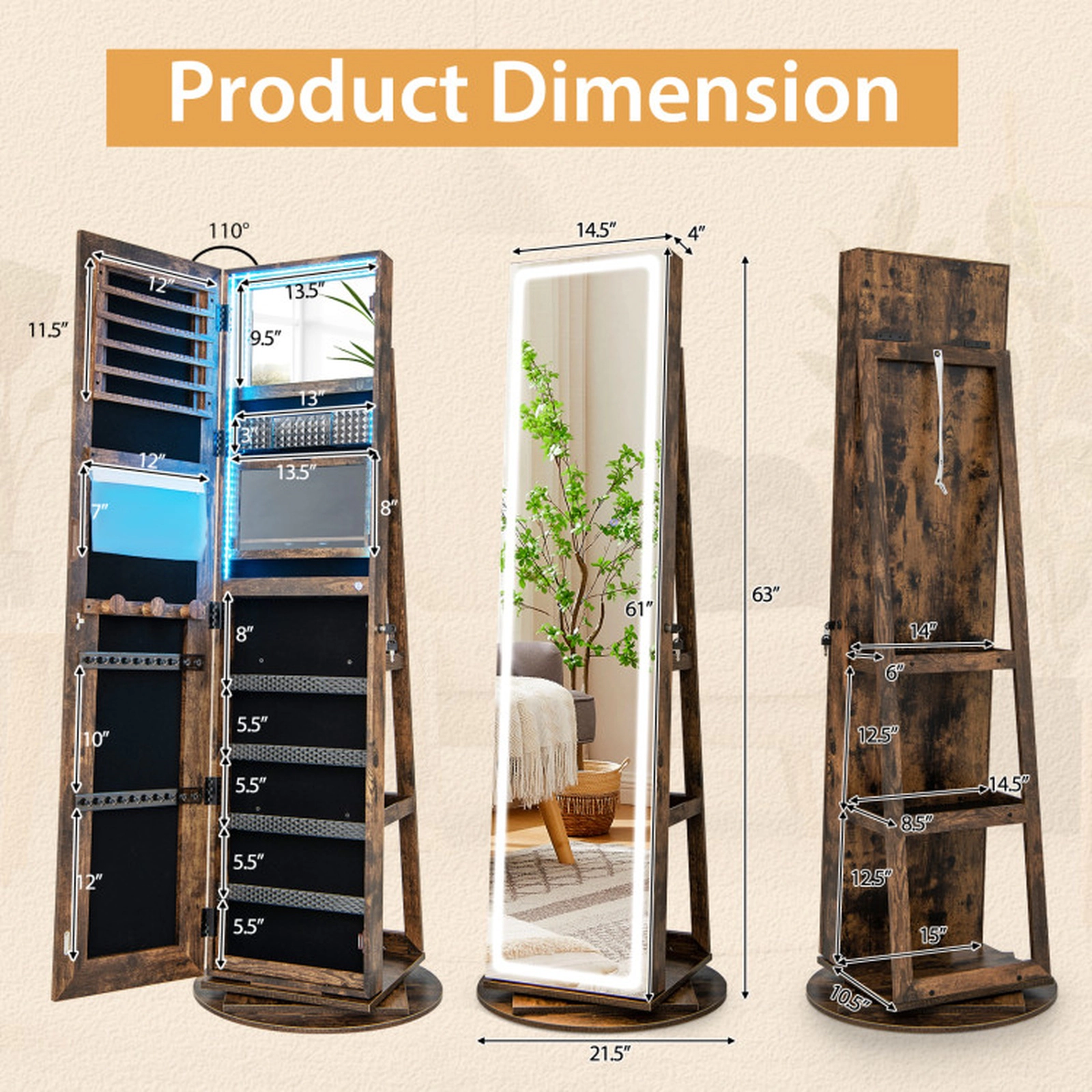 SUGIFT Standing Jewelry Cabinet Armoire LED Full-Length Mirror Makeup Mirror Rotating Base 21.5 x 21.5 x 63-in Coffee