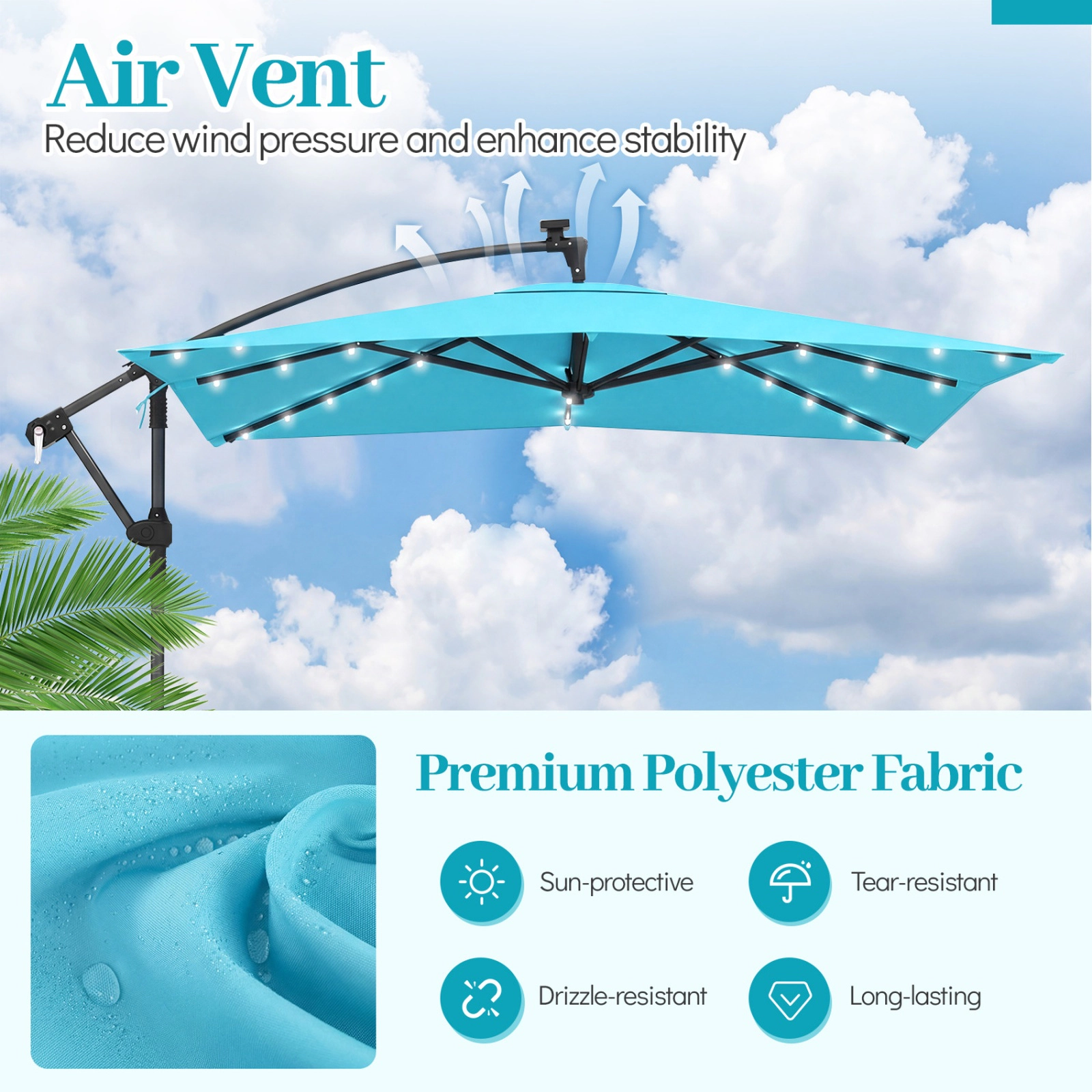 SUGIFT Solar-Powered LED Offset Cantilever Patio Umbrella 360° Rotation 8 x 8 in Canopy 116-lb Sandbag Base Turquoise