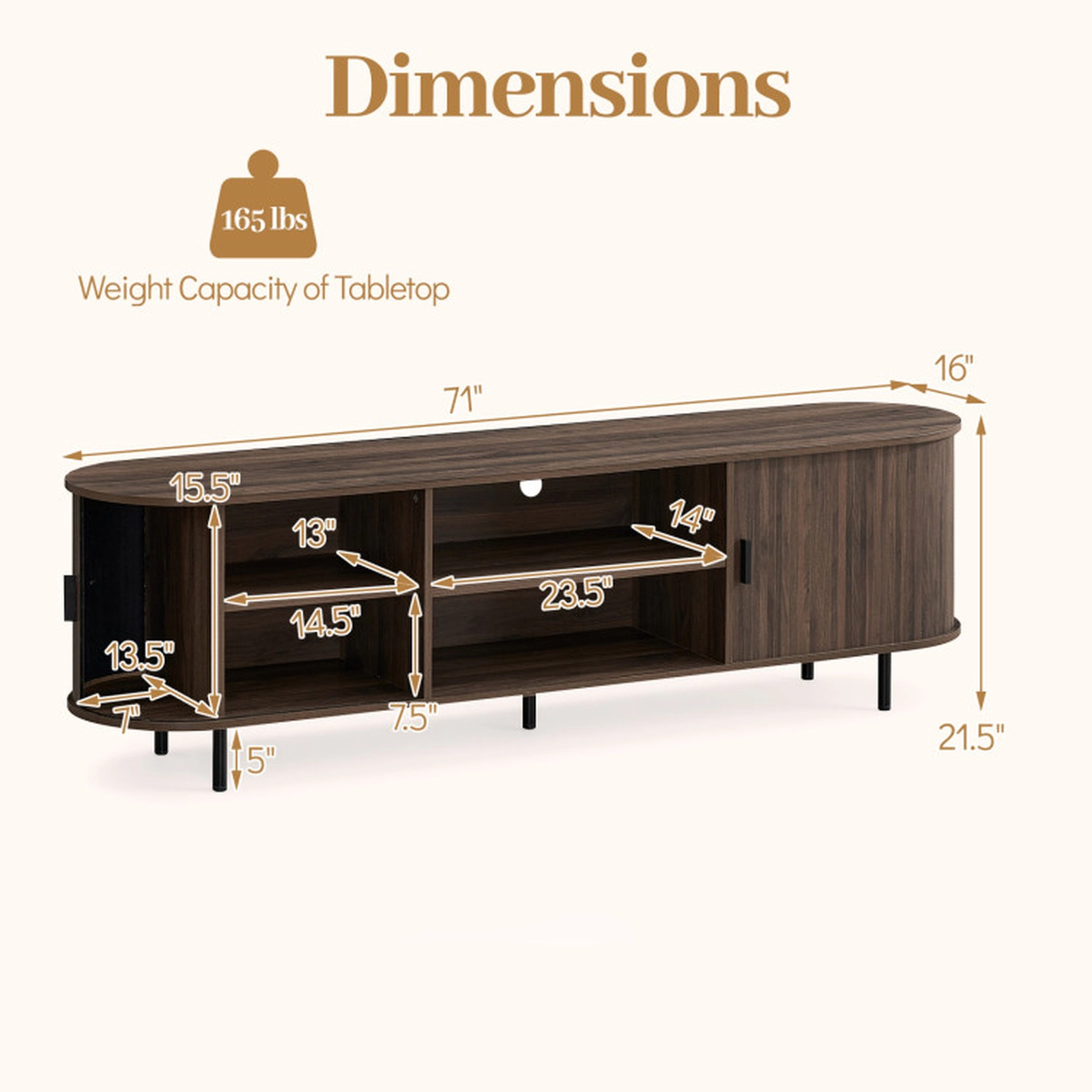SUGIFT Fluted Sliding Doors Modern Media Console TV Stand 71-in x 16-in x 21.5-in 165-lb Capacity 80-in TV Walnut