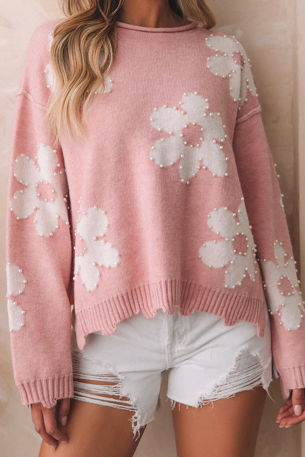 Threaded Pear Women's Jaycee Pearl Beaded Floral Drop Shoulder Sweater