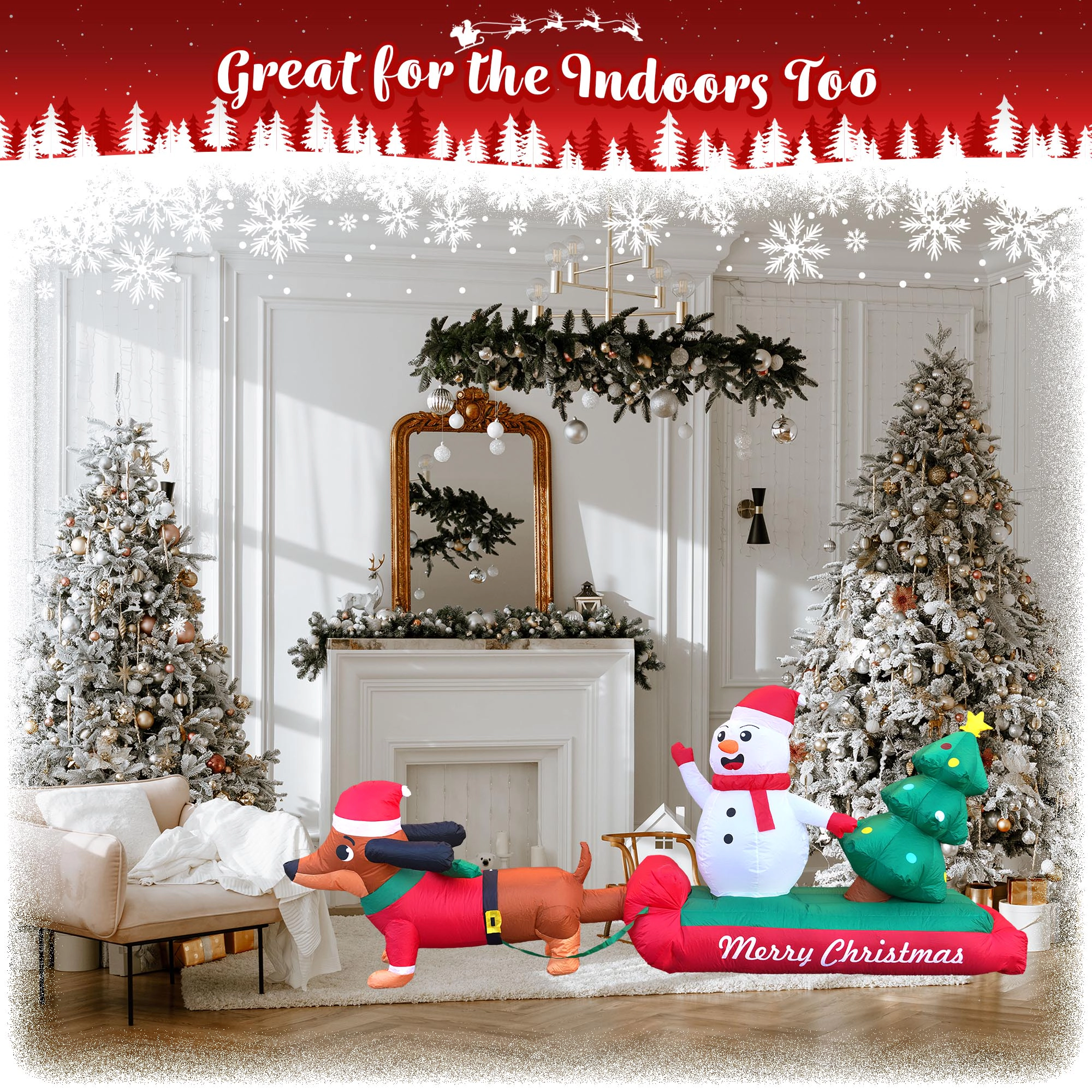 G128 10 ft Dachshund Santa Sled Inflatable with Snowman & Tree, LED Outdoor Decor