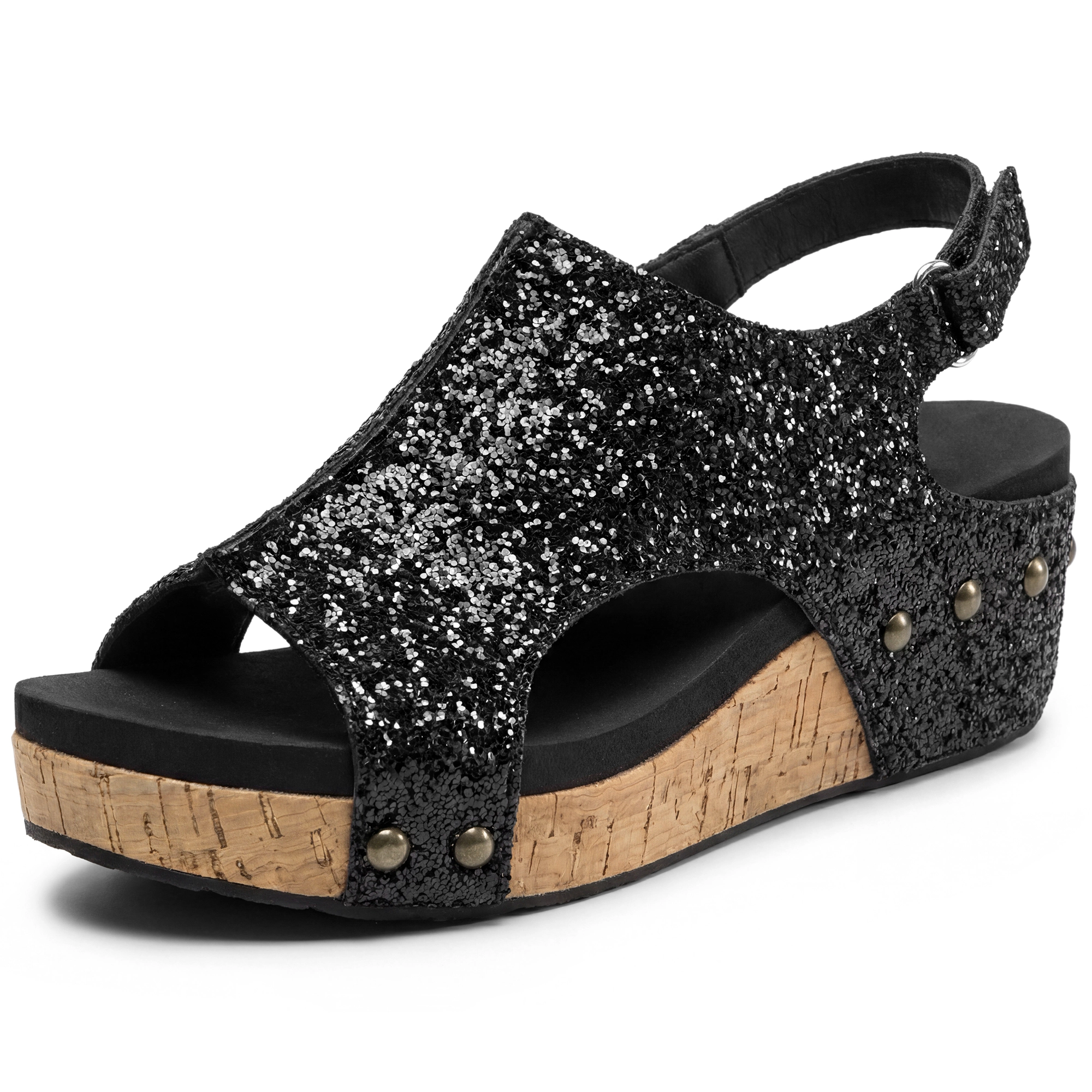 BLISSFUL STEP Women's Glitter Hollow Out Peep-Toe Platform Adjustable Sandals