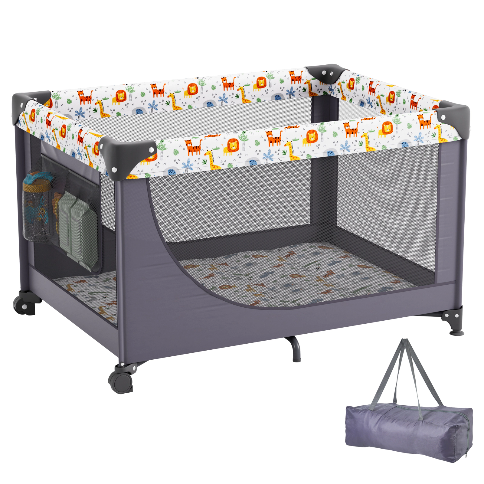 HONGGE Portable Baby Playpen Travel Crib with Wheels, Foldable Play Yard Holds 99 lbs for 0-36 Month Toddlers