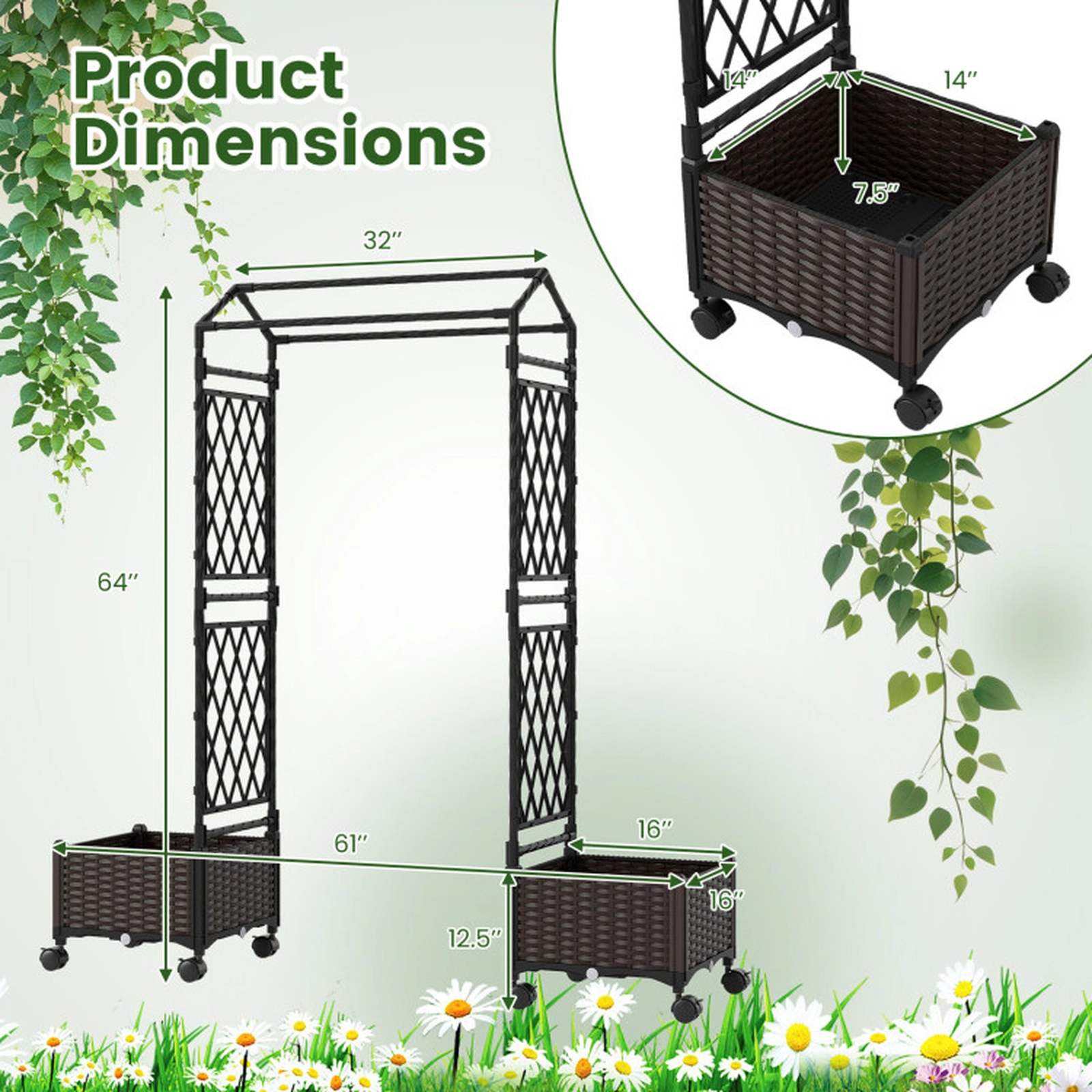 SUGIFT 5.5-ft Brown Self-Watering Planter Boxes with Lattice Trellis Roof and Lockable Universal Wheels