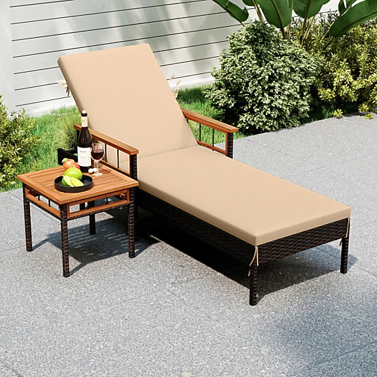 Hivvago Patio Rattan Chaise Lounge With Side Table And Adjustable Backrest