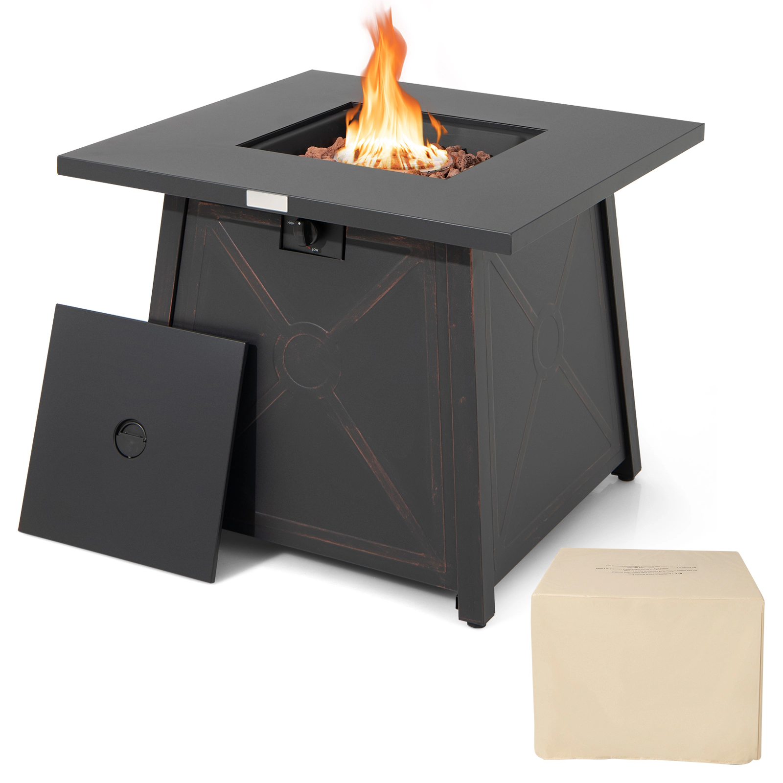 SUGIFT 30-Inch Square Propane Fire Pit Table, 50,000 BTU, Lava Rocks, PVC Cover