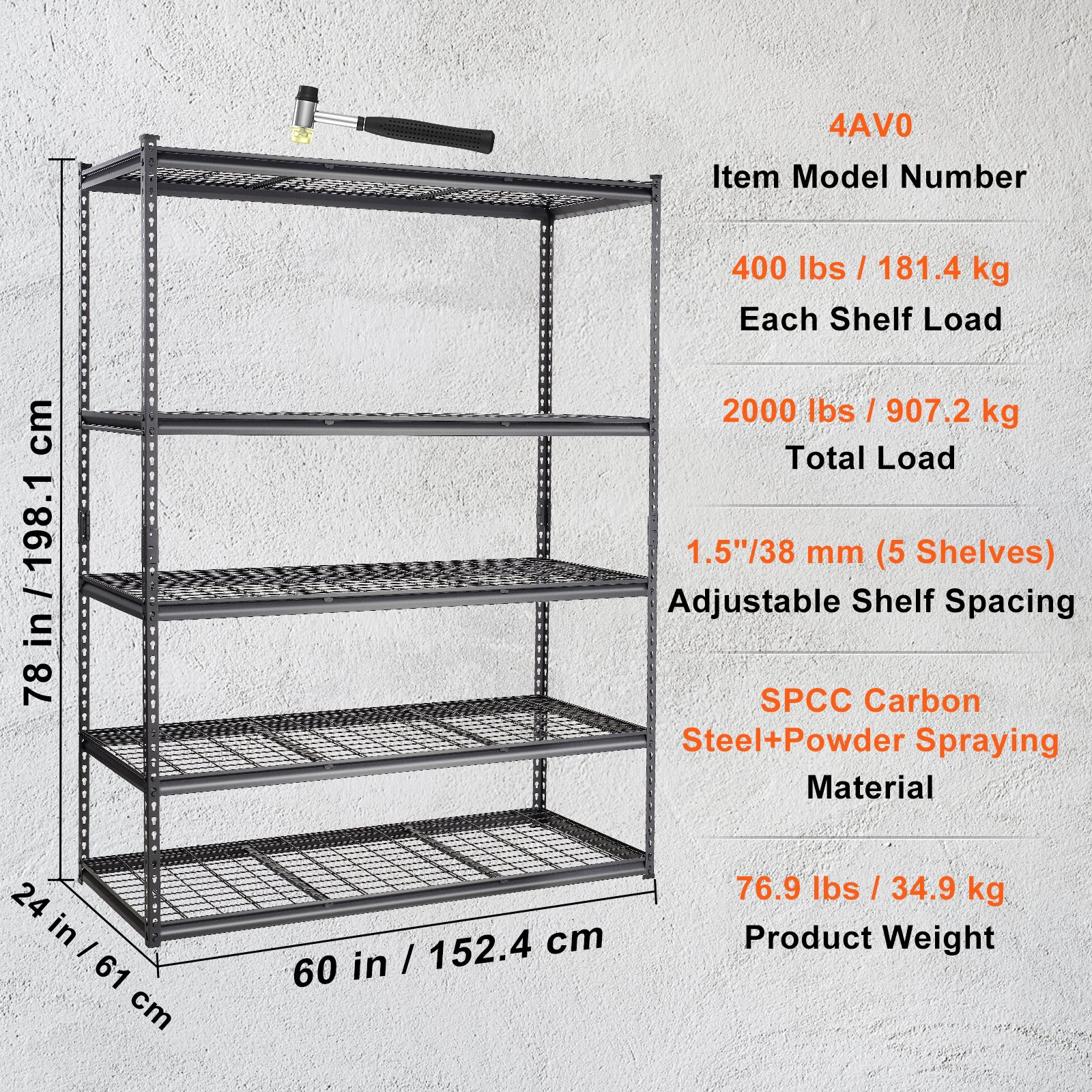 Flynama 5-Shelf Freestanding Garage Shelving, Heavy Duty Steel, Adjustable, Black (60"W x 78"H x 24"D)