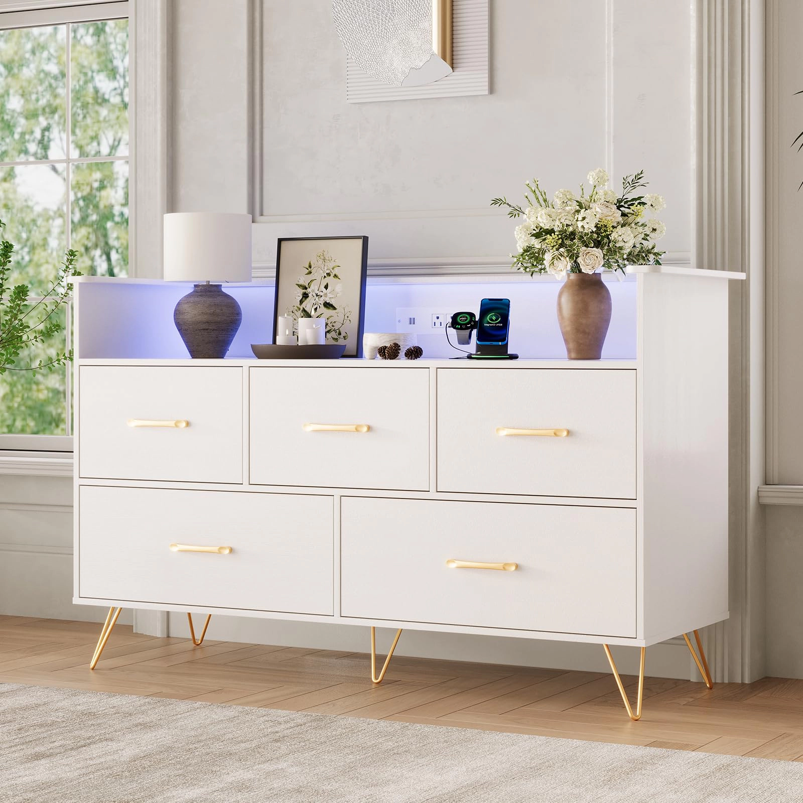 47" 5 Drawer Dresser with LED Lights & Charging Station, Wood Storage Chest