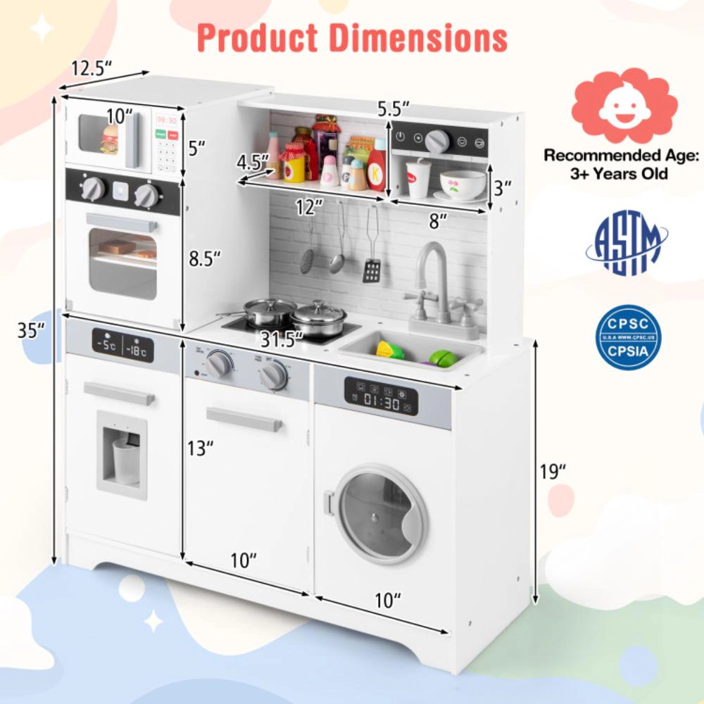 Hivvago Pretend Play Kitchen Wooden Toy Set Kitchen Accessory Playset With Real Lights Sounds-White
