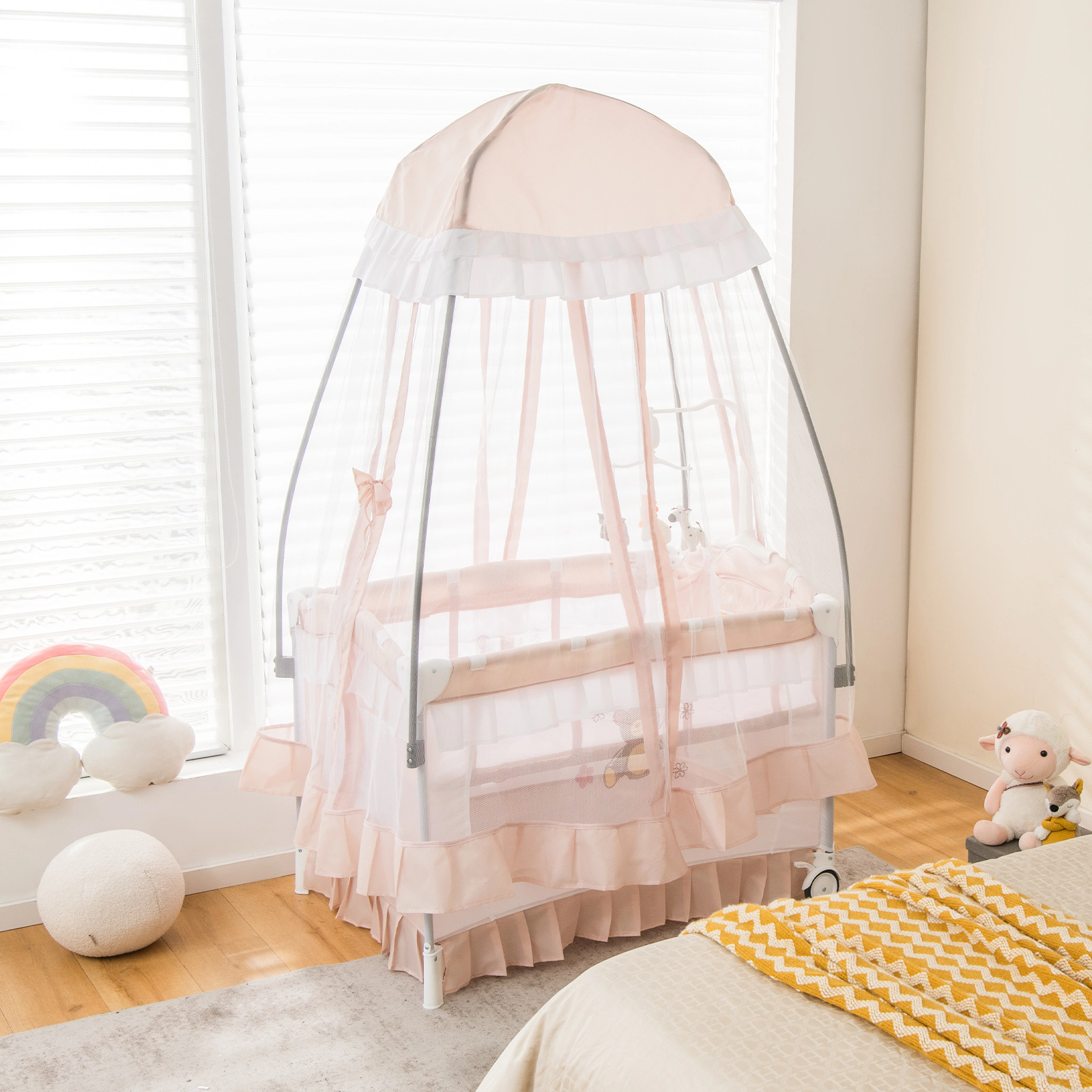 SUGIFT Convertible Bassinet Playard with Removable Changing Table & Detachable Mesh Net 33-lb Playpen Capacity Ages 0-36