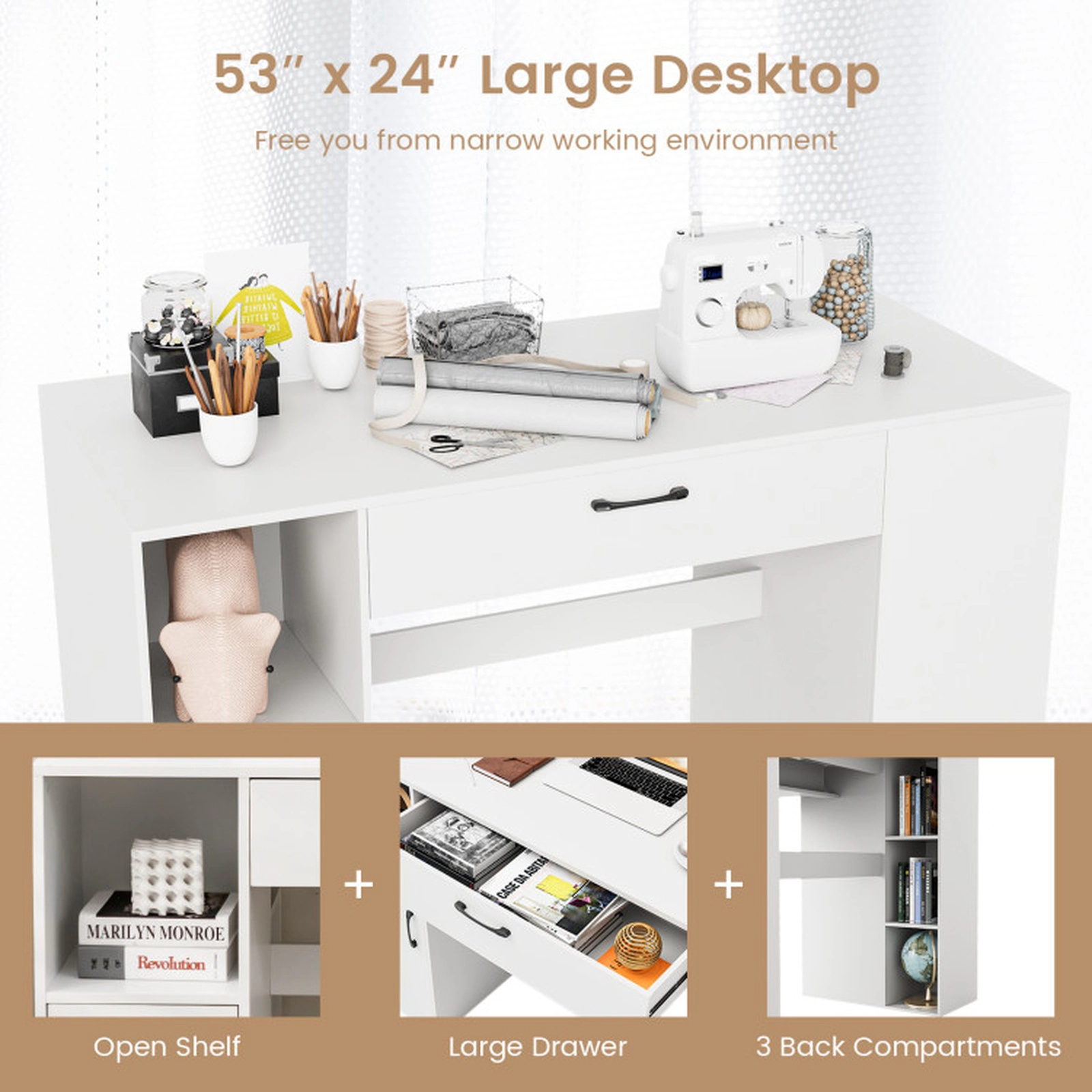 SUGIFT 53-in Counter Height 265-lb Capacity White Craft Table Computer Desk with 14 Compartments and Drawer