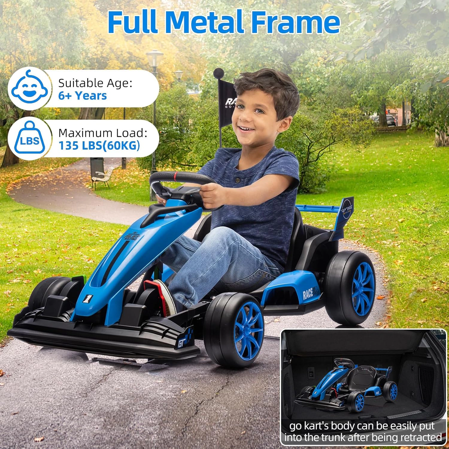 Enjyam 24V Kids Electric Go Kart, 7.5MPH Variable Drift Racing Car w/ 2×200W Motors, Adjustable Legroom, Power Display