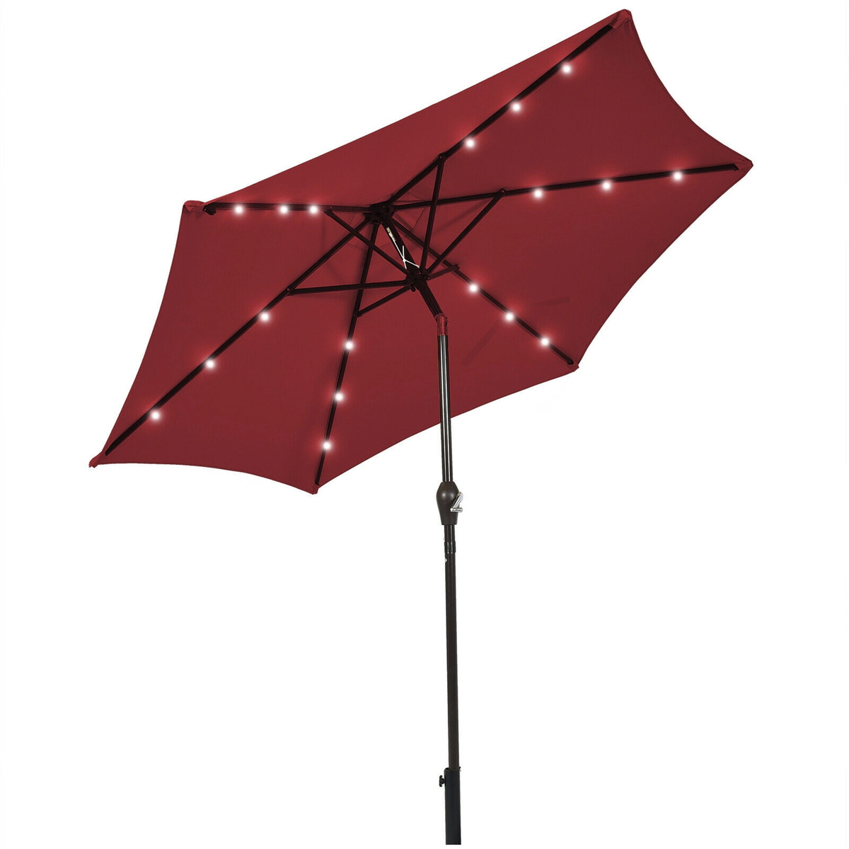 SUGIFT 9-ft Solar LED Lighted Patio Market Umbrella with Crank Lift and Tilt 6-Rib 18-Light Canopy Dark Red