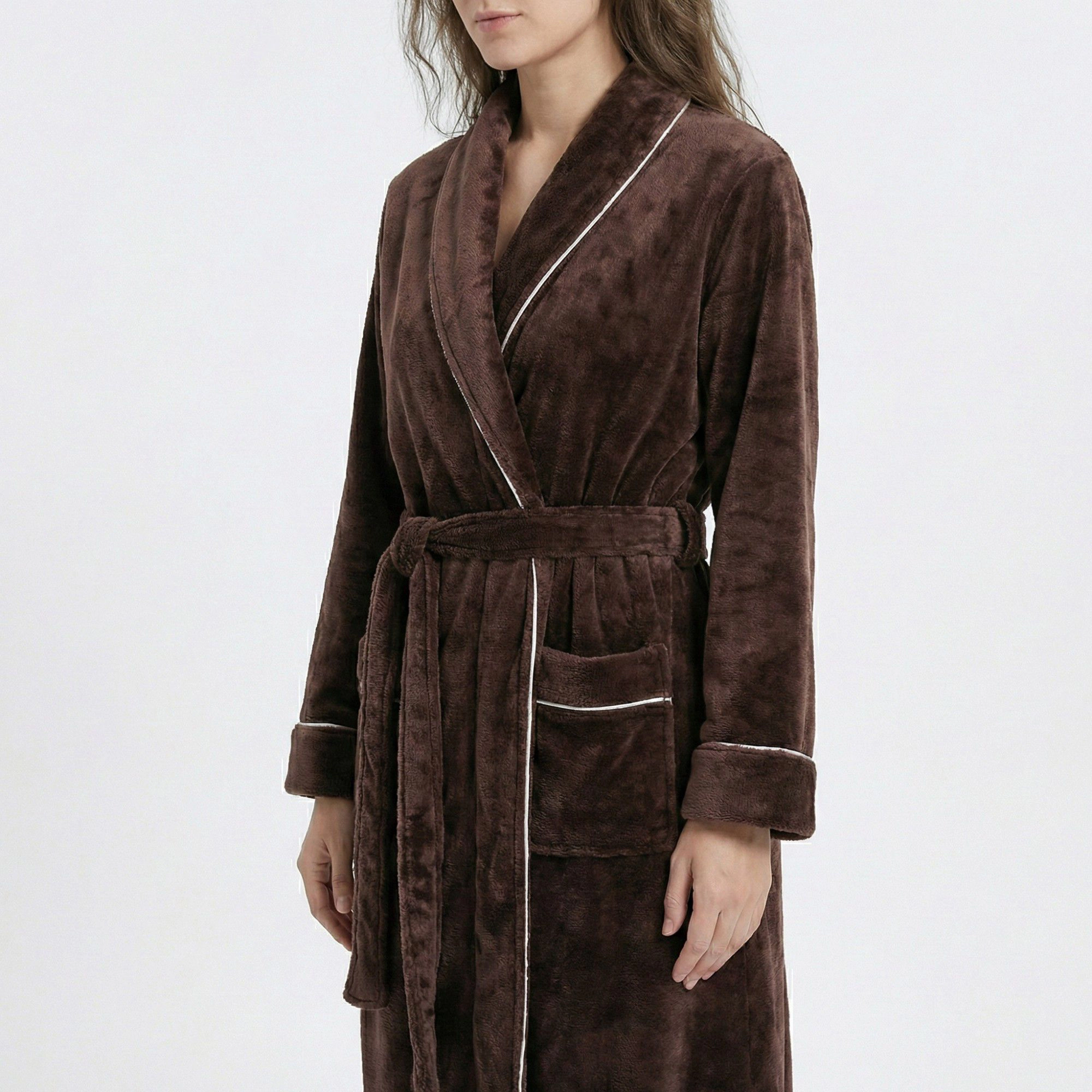 Anna-Kaci Women's Plush Long Sleeve Wrap Bathrobe with Waist Tie Belt and Front Patch Pockets