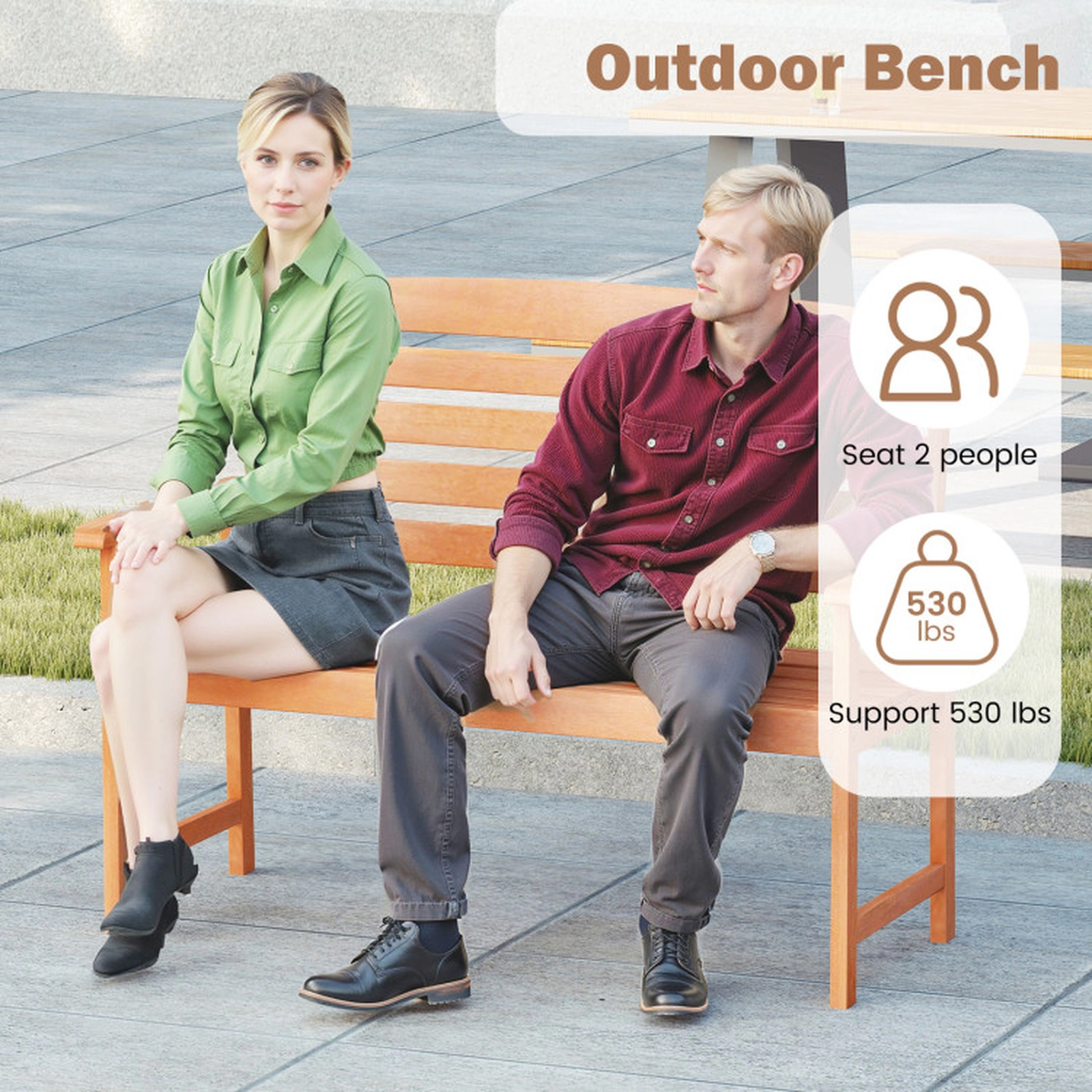 SUGIFT Slatted Backrest and Comfortable Armrests 2-Person 47.5 Inch Solid Wood Garden Bench