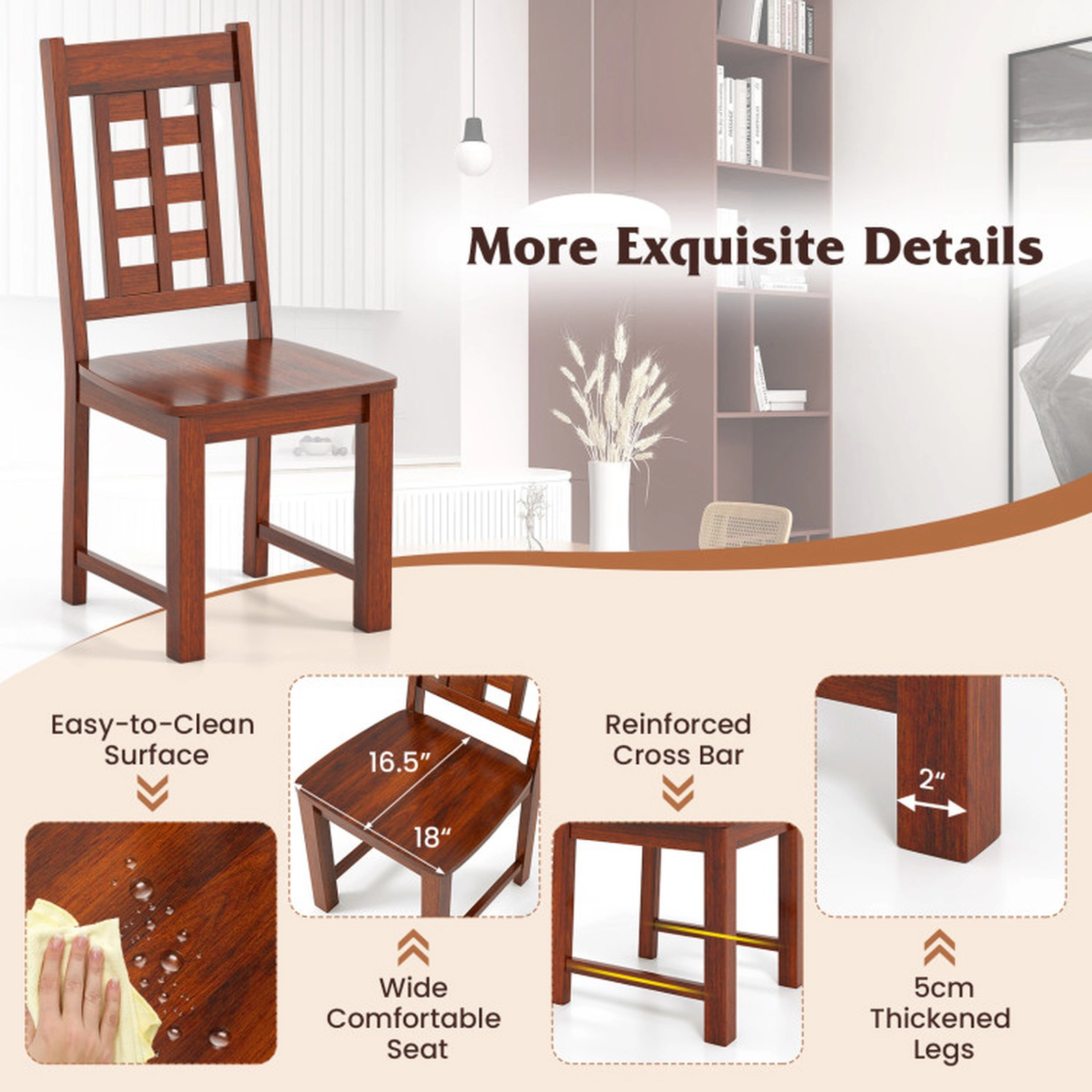 SUGIFT Walnut Wooden Solid Rubber Wood Hollowed Back Set of 2 Kitchen Dining Chairs