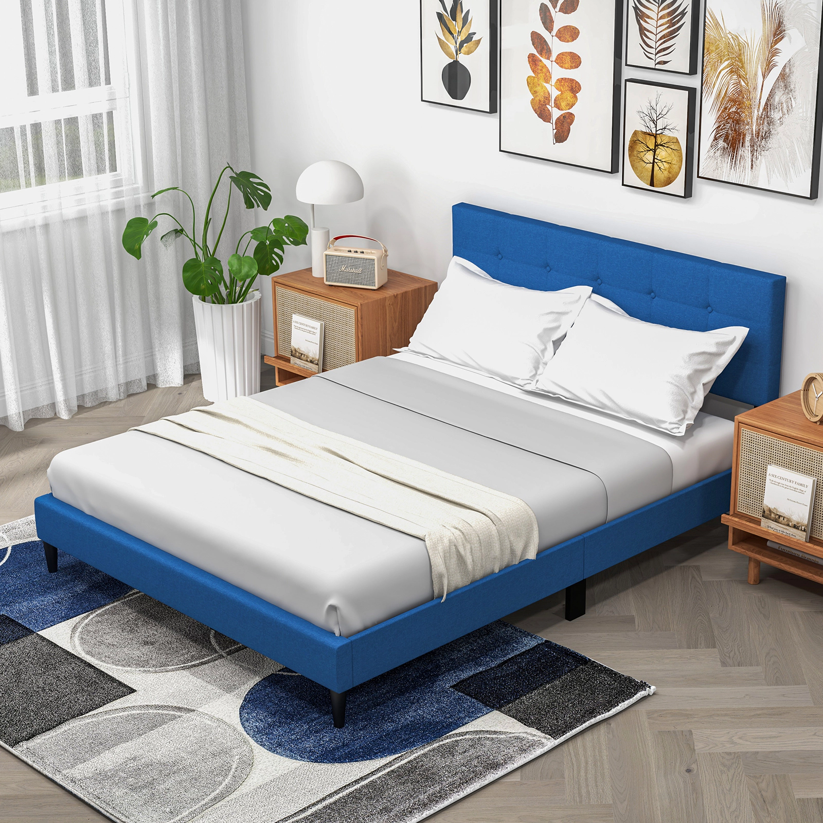 Queen Size Upholstered Platform Bed with Button Tufted Headboard Blue Linen Bed with Wooden Slat Support