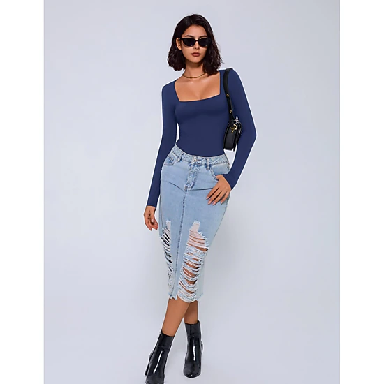 Avidlove Women's Square Neck Long Sleeve Double Lined Ruched Waist Bodysuit with Snap Closure