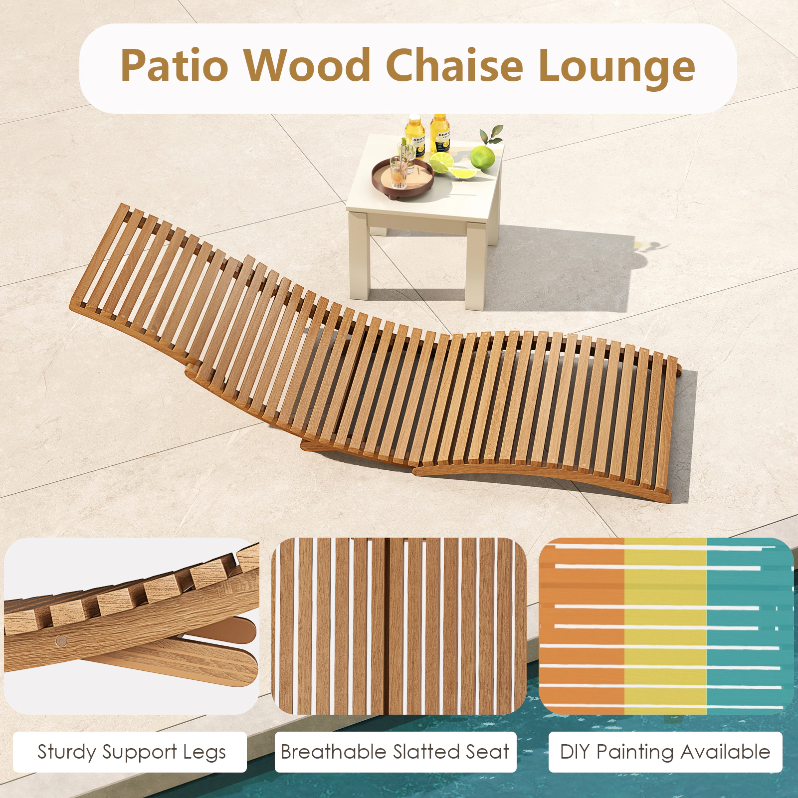 SUGIFT Teak Wood Folding Chaise Lounge, Outdoor Patio Lounger, 330 lb Capacity