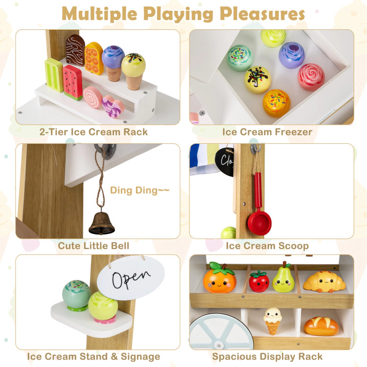 Hivvago Wooden Ice Cream Cart for Kids 2-in-1 Grocery Store Playset with Display Shelves