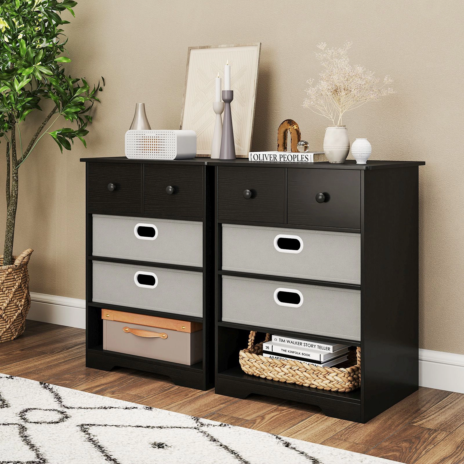 SlickBlue 4-Drawer Nightstand with Fabric Drawers and Open Shelf