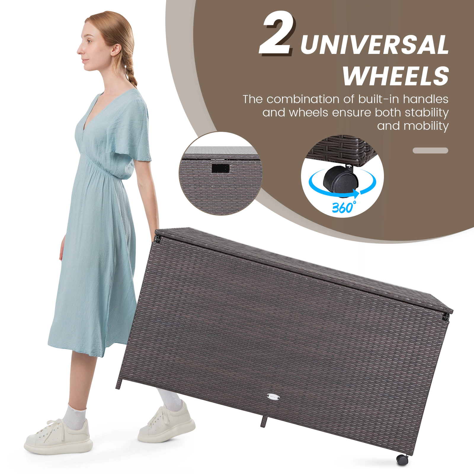 SUGIFT 133-Gal 165-lb Top Capacity Rattan Wicker Outdoor Storage Box with Waterproof Zippered Liner and Wheels