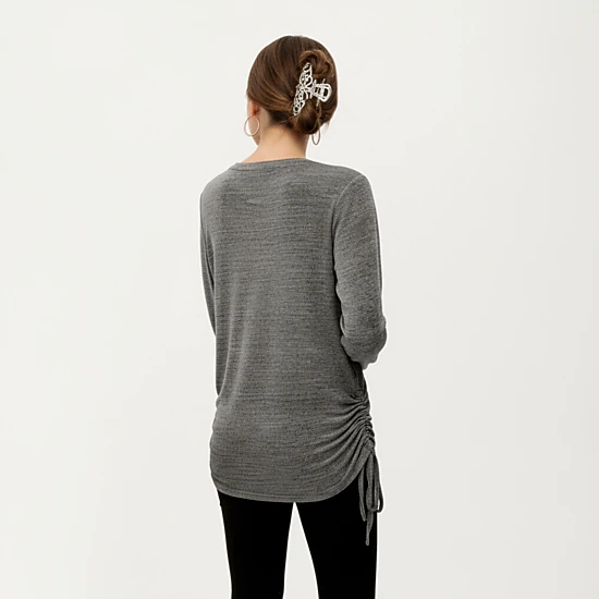 Anna-Kaci Women's V-Neck Side Drawstring Ruched Hem Long Sleeve Knit Top