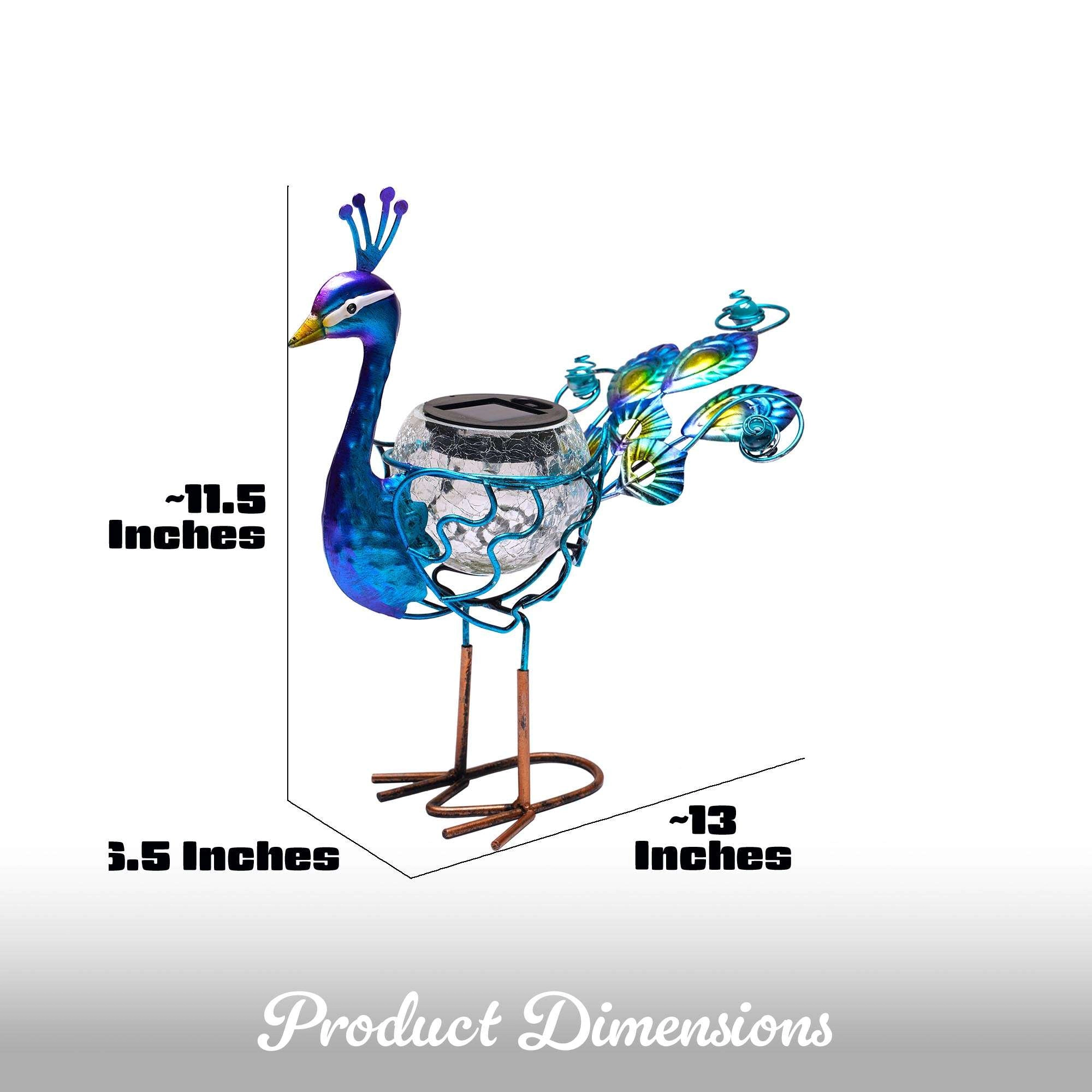 G128 Solar Metal Peacock Garden Statue 12 Inch - Waterproof Hand-Painted Peacock Yard Art with Crackle Glass Solar Light