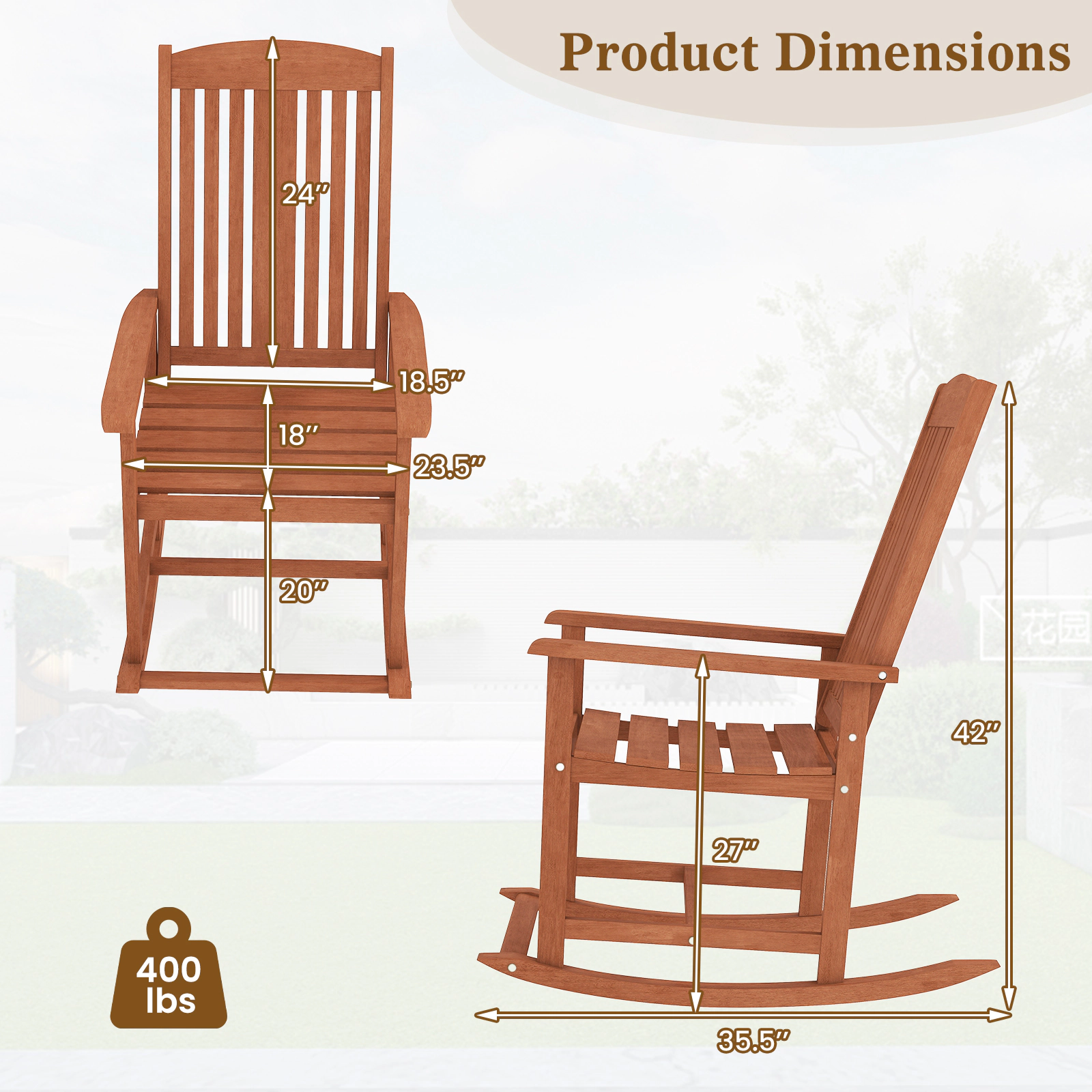 SUGIFT Solid Wood Outdoor Rocking Chair High Back Rocker 400-Lb Capacity 35.5-in Frame Slatted Seat Natural