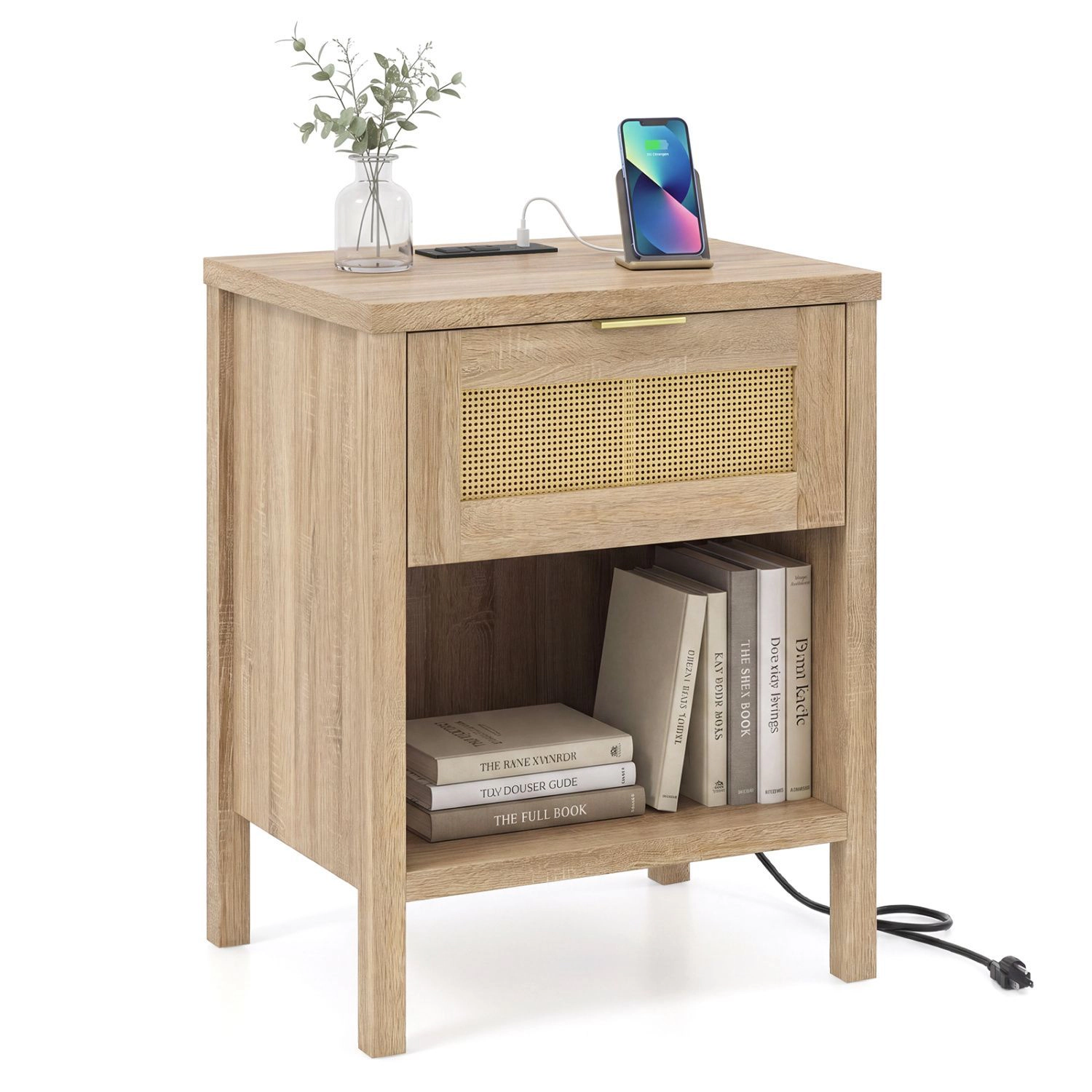 SlickBlue Rattan Nightstand with Charging Station and Drawer