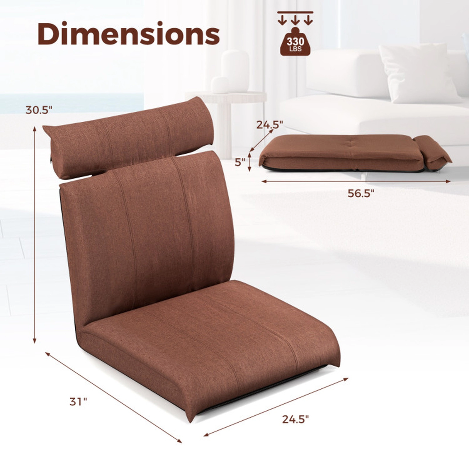SUGIFT 14-Position Backrest 330-lb Capacity Brown Linen Folding Floor Chair with 5-Position Headrest