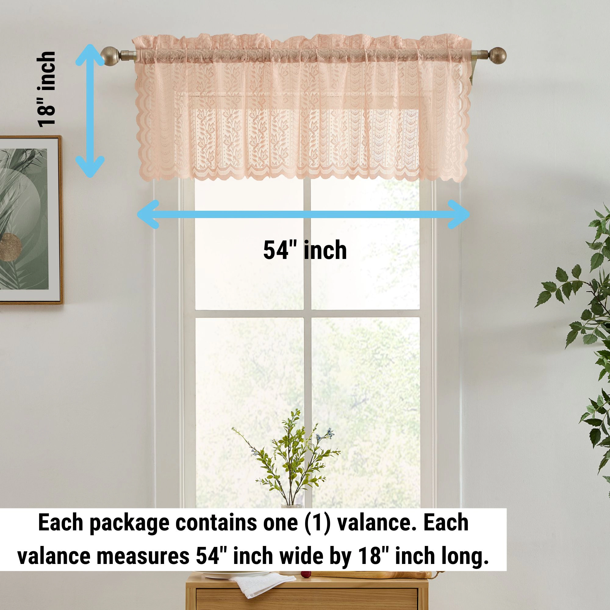 HLC.ME Sophia Floral Rod Pocket Lace Semi Sheer Voile Short Valance for Kitchen & Bathroom - 54 x 18 Inch Long